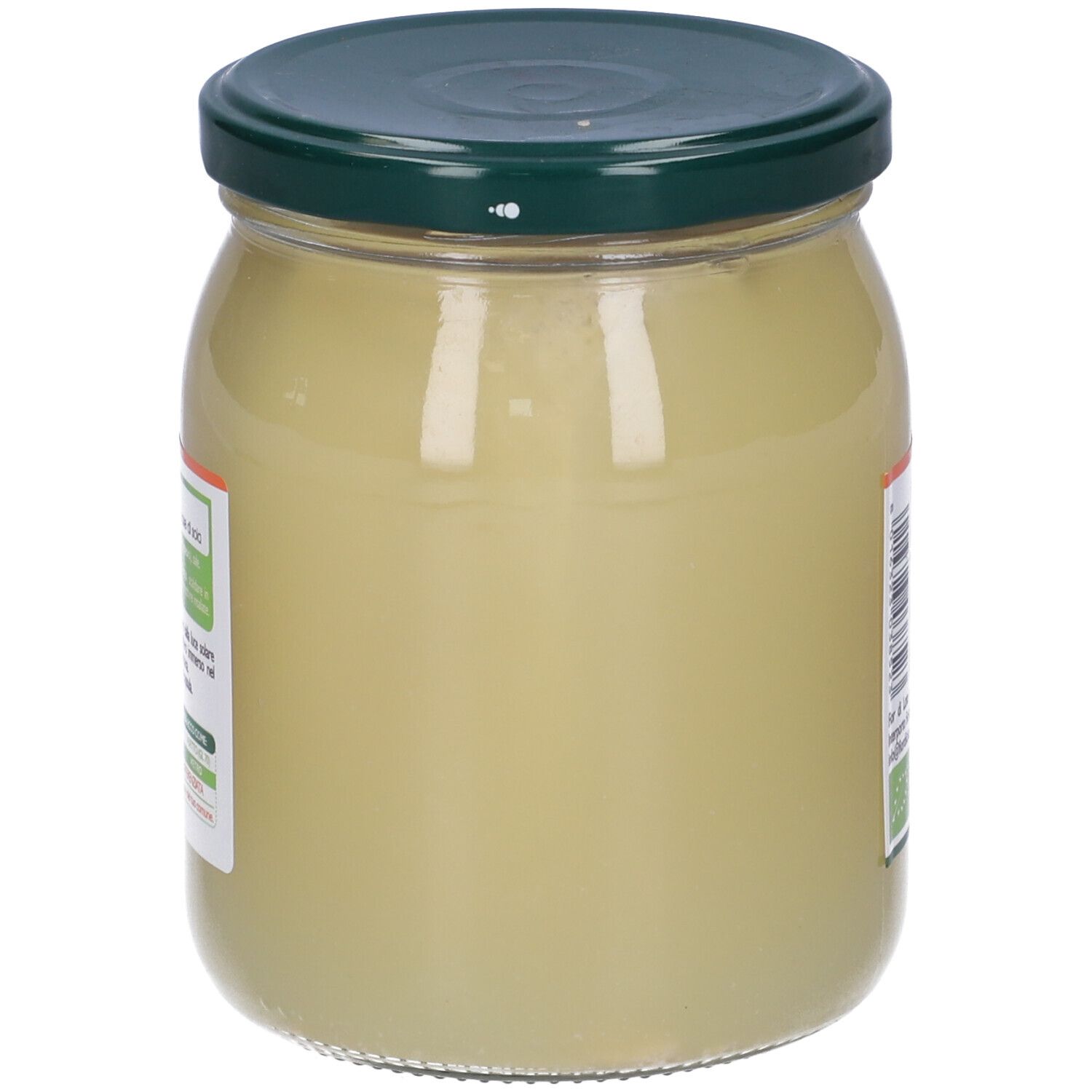 Vista laterale del vasetto Cento% Veg Tofu bio. Coperchio verde, contenitore in vetro con sostanza cremosa. Nessuna etichetta visibile.