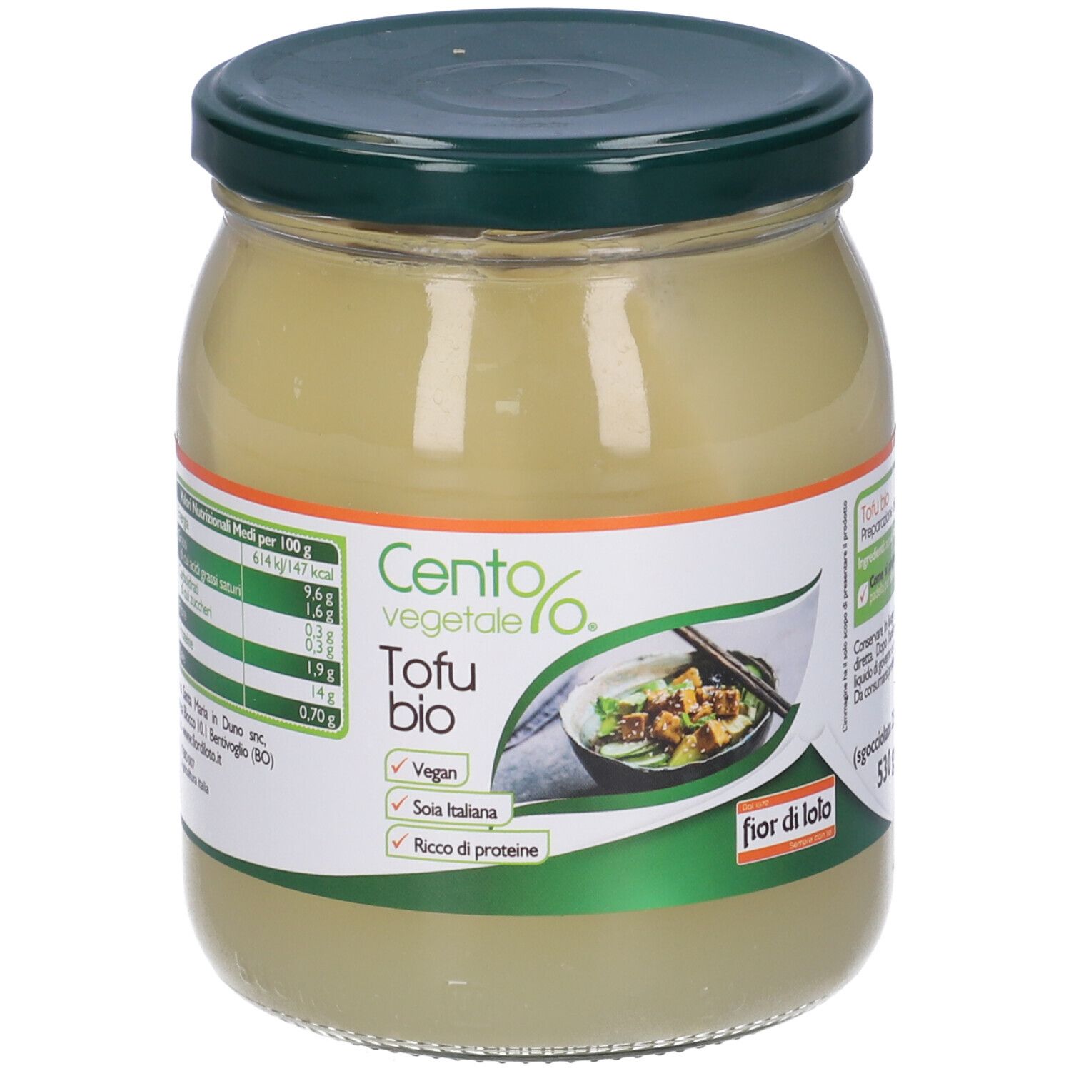 Vasetto Cento% Veg Tofu bio. Coperchio verde, etichetta bianca con informazioni e immagine del prodotto. Vegan, Soia italiana, ricco di proteine.
