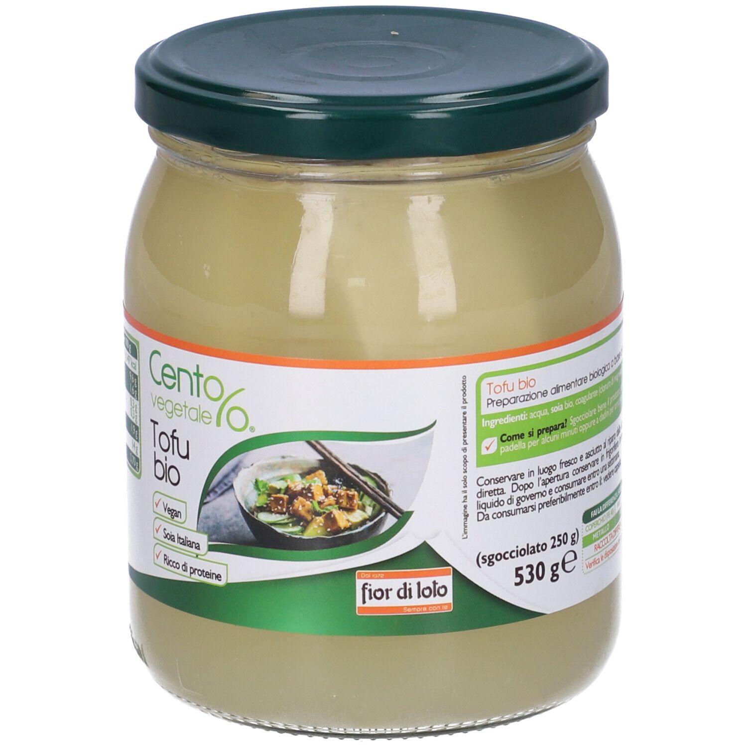 Vasetto Cento% Veg Tofu bio. Coperchio verde, etichetta bianca con informazioni e immagine del prodotto. Vegan, Soia italiana, 530g.