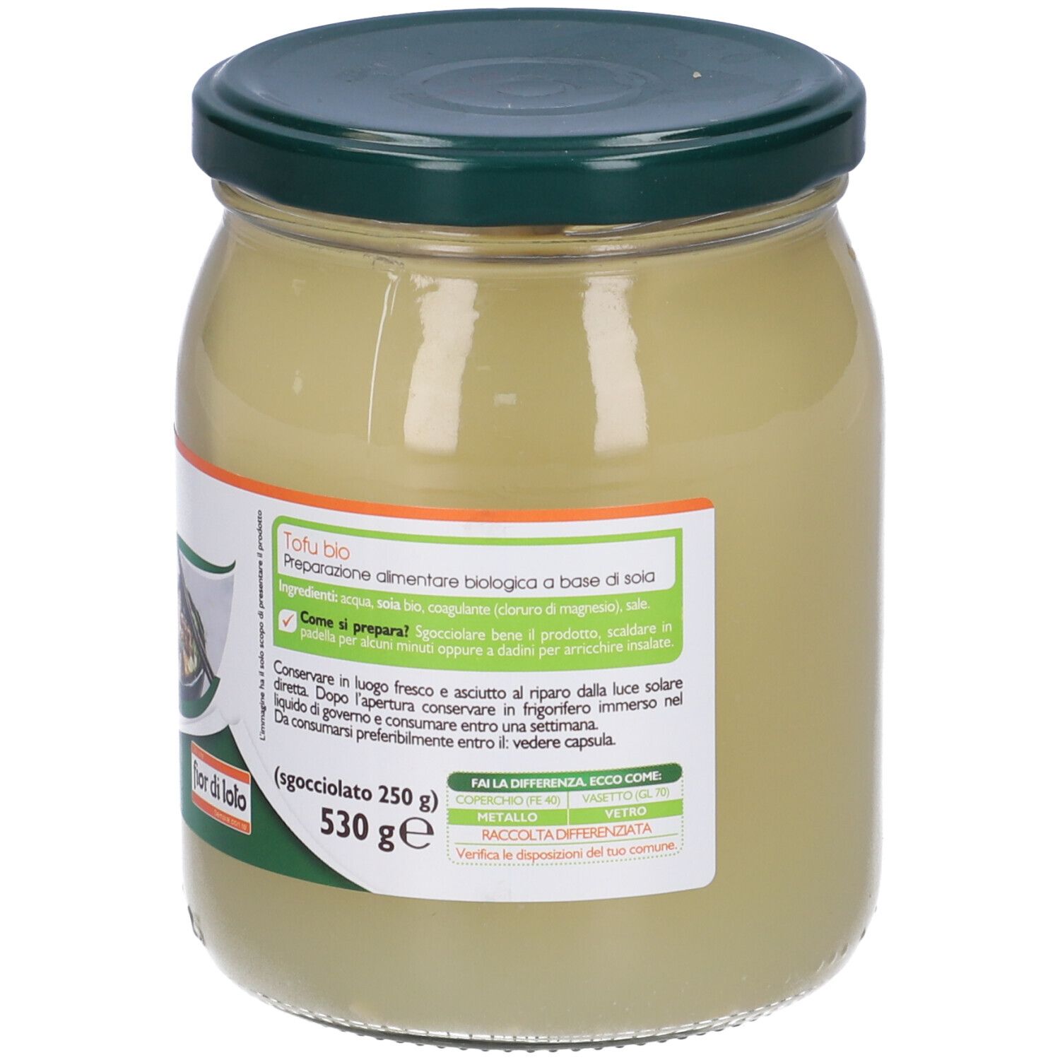 Retro del vasetto Cento% Veg Tofu bio. Coperchio verde, etichetta bianca con informazioni, 530g. Certificazione bio.