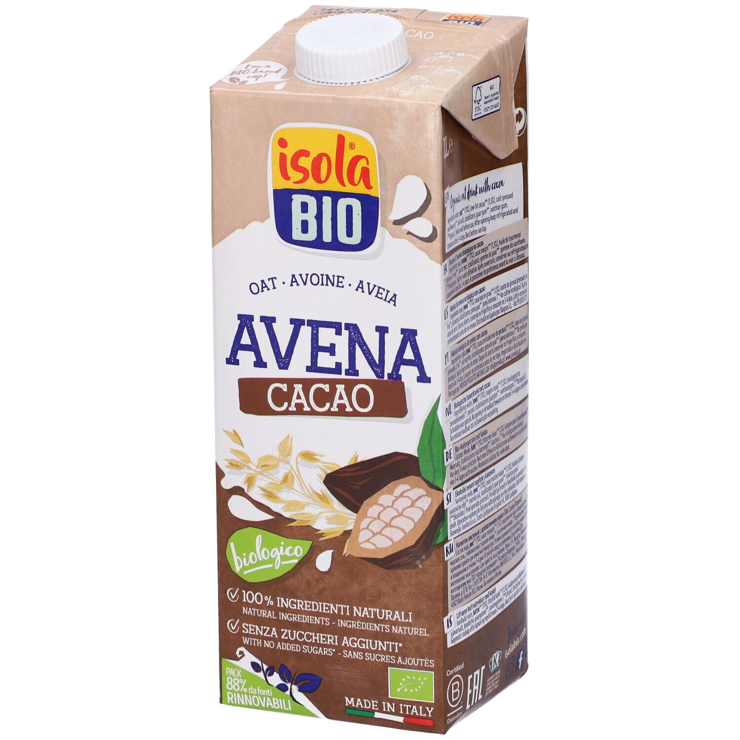 Confezione marrone con tappo bianco. Scritta: Avena Cacao, biologico, 100% ingredienti naturali. Marchio: Isola Bio.