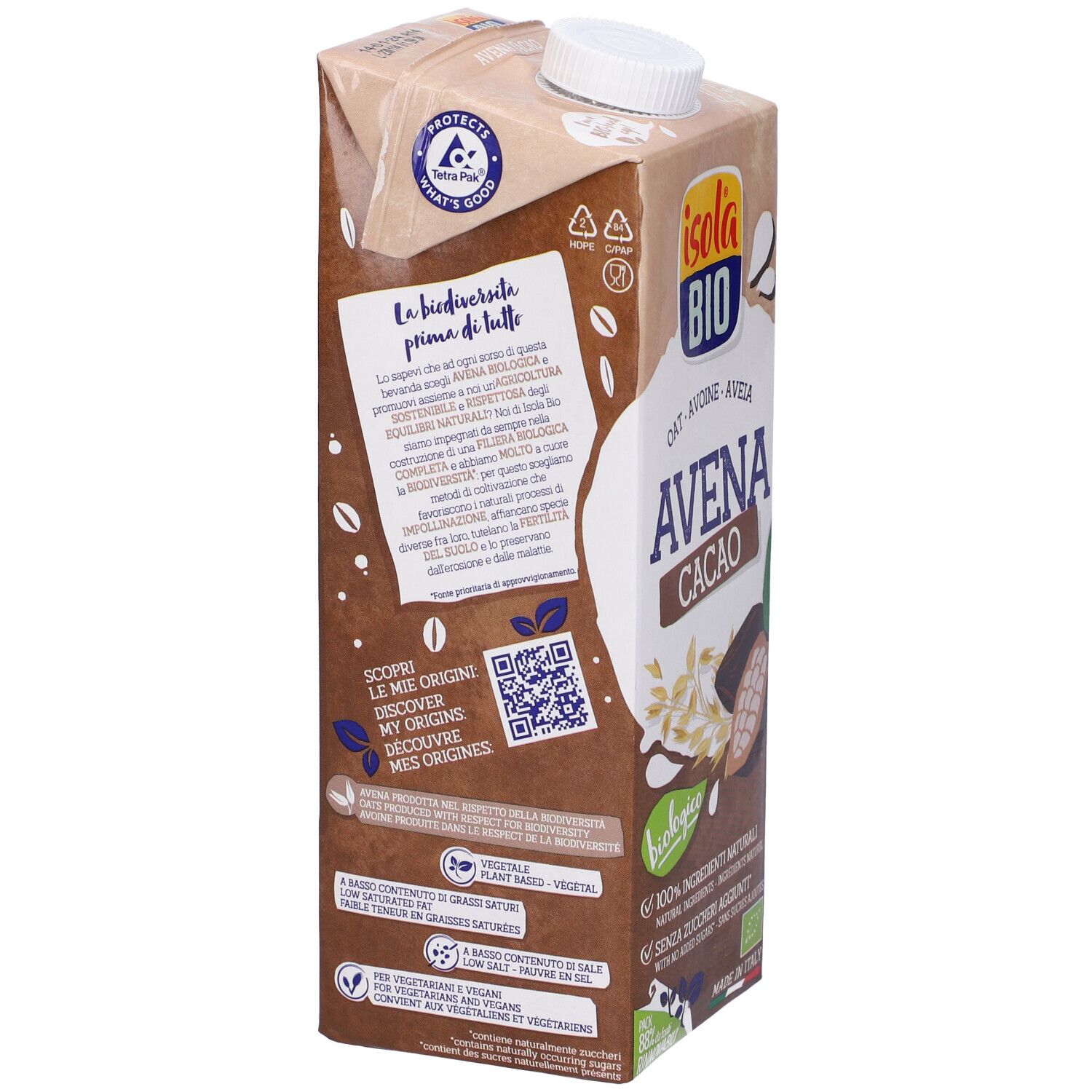 Confezione marrone, vista laterale. Testo: Avena Cacao, biologico. Codice QR. Marchio: Isola Bio. Certificazione: marchio bio UE.
