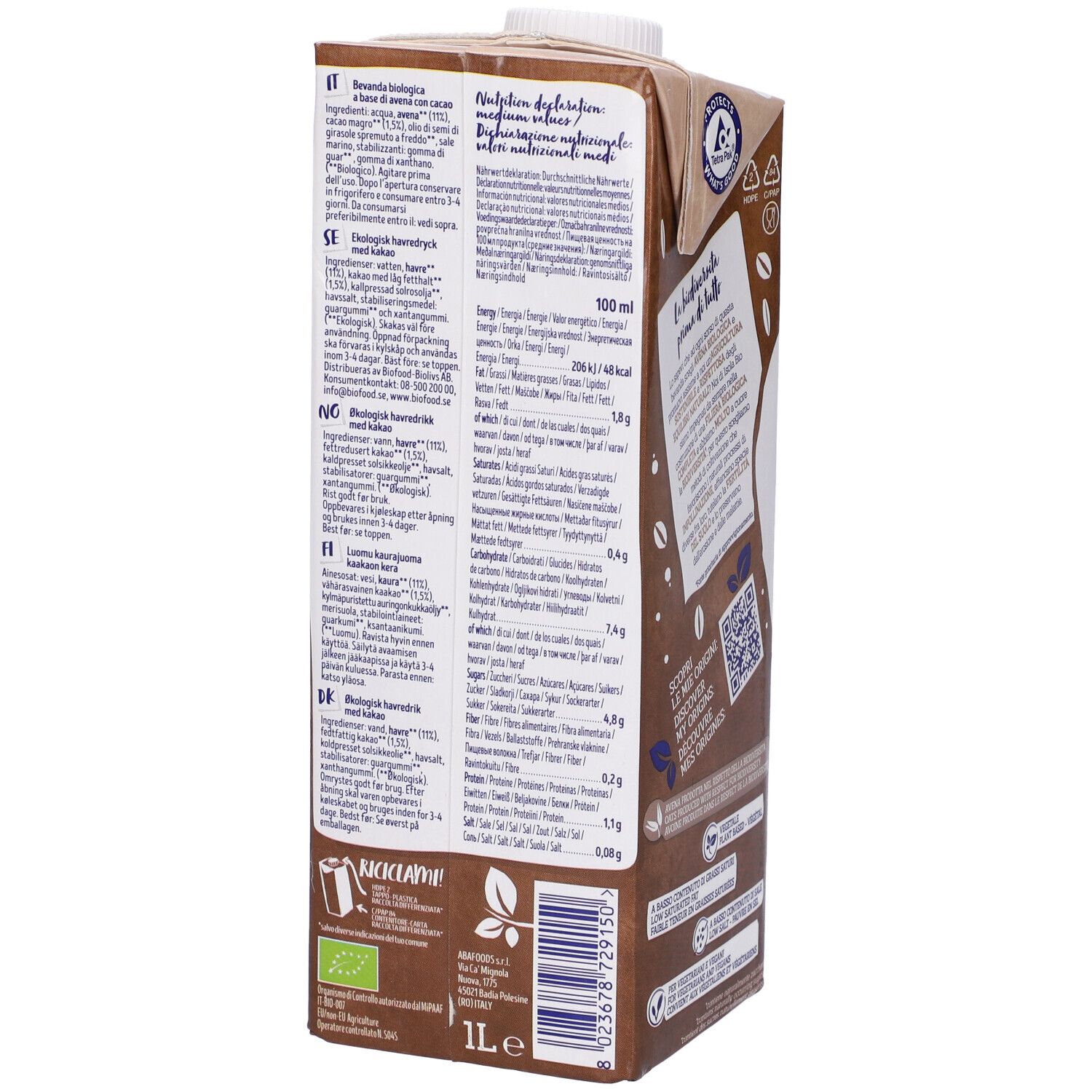 Retro della confezione. Testo: informazioni nutrizionali, lista ingredienti. Marchio: Isola Bio. Certificazione: marchio bio UE.