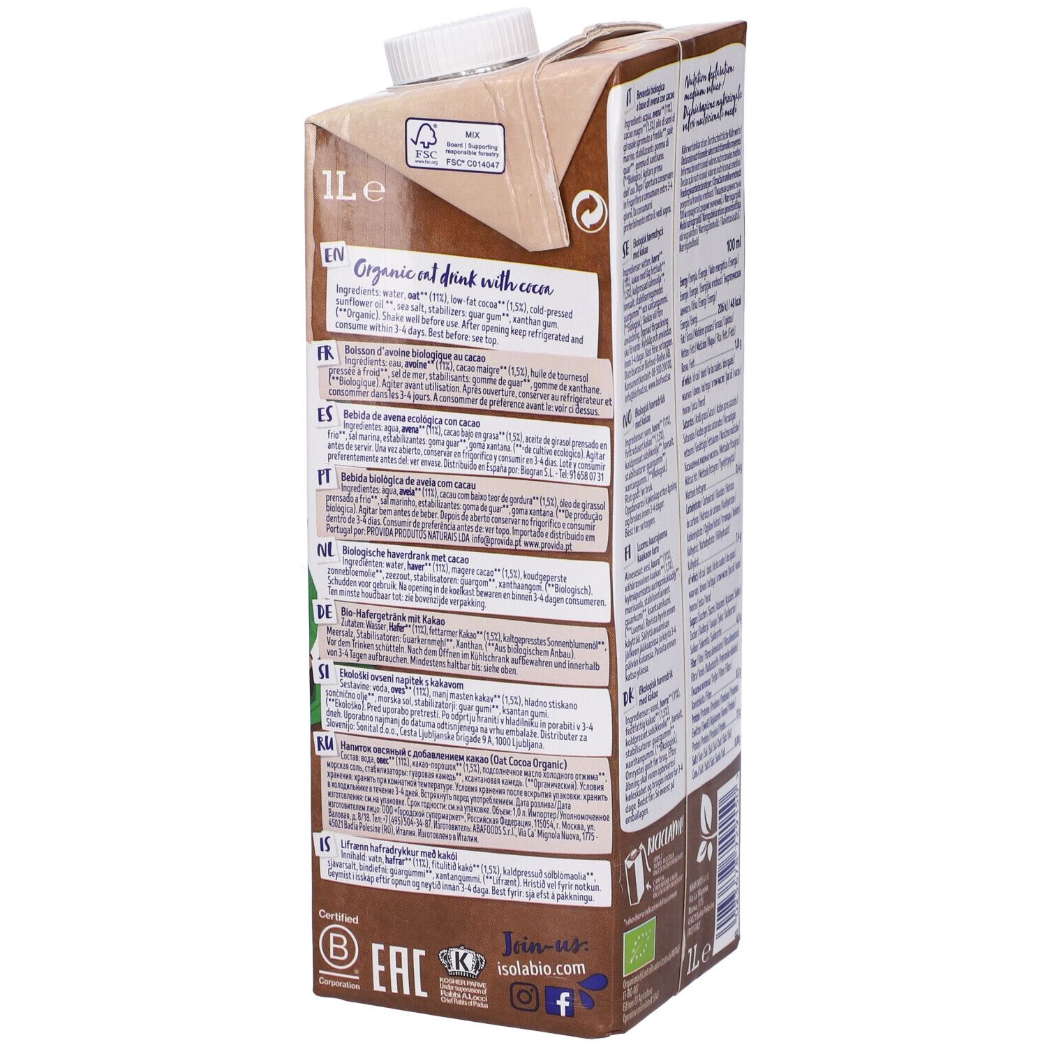 Retro della confezione. Testo: lista ingredienti, informazioni nutrizionali. Marchio: Isola Bio. Certificazione: marchio bio UE.