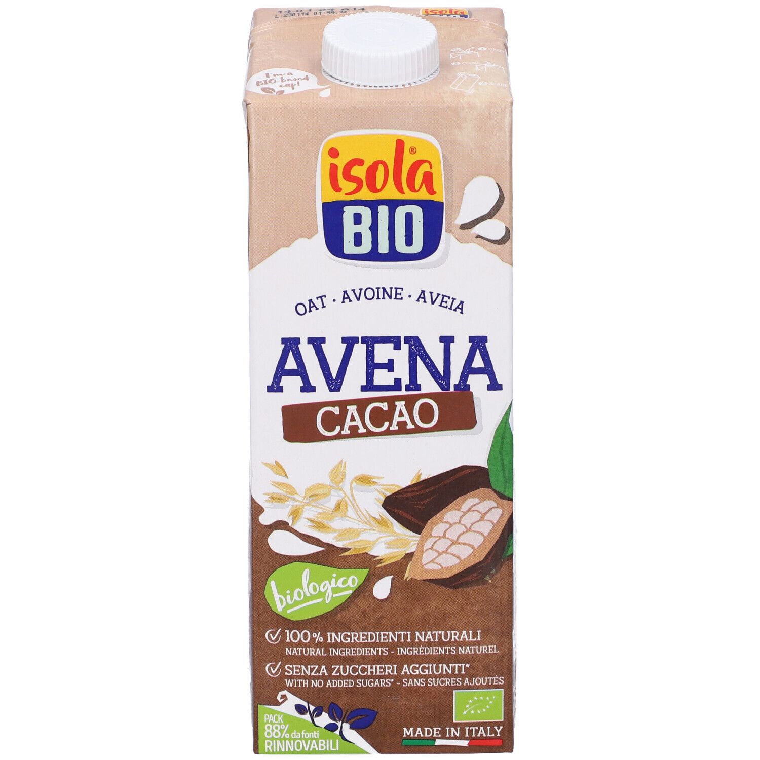 Confezione marrone con tappo bianco. Scritta: Avena Cacao, biologico, 100% ingredienti naturali. Marchio: Isola Bio.