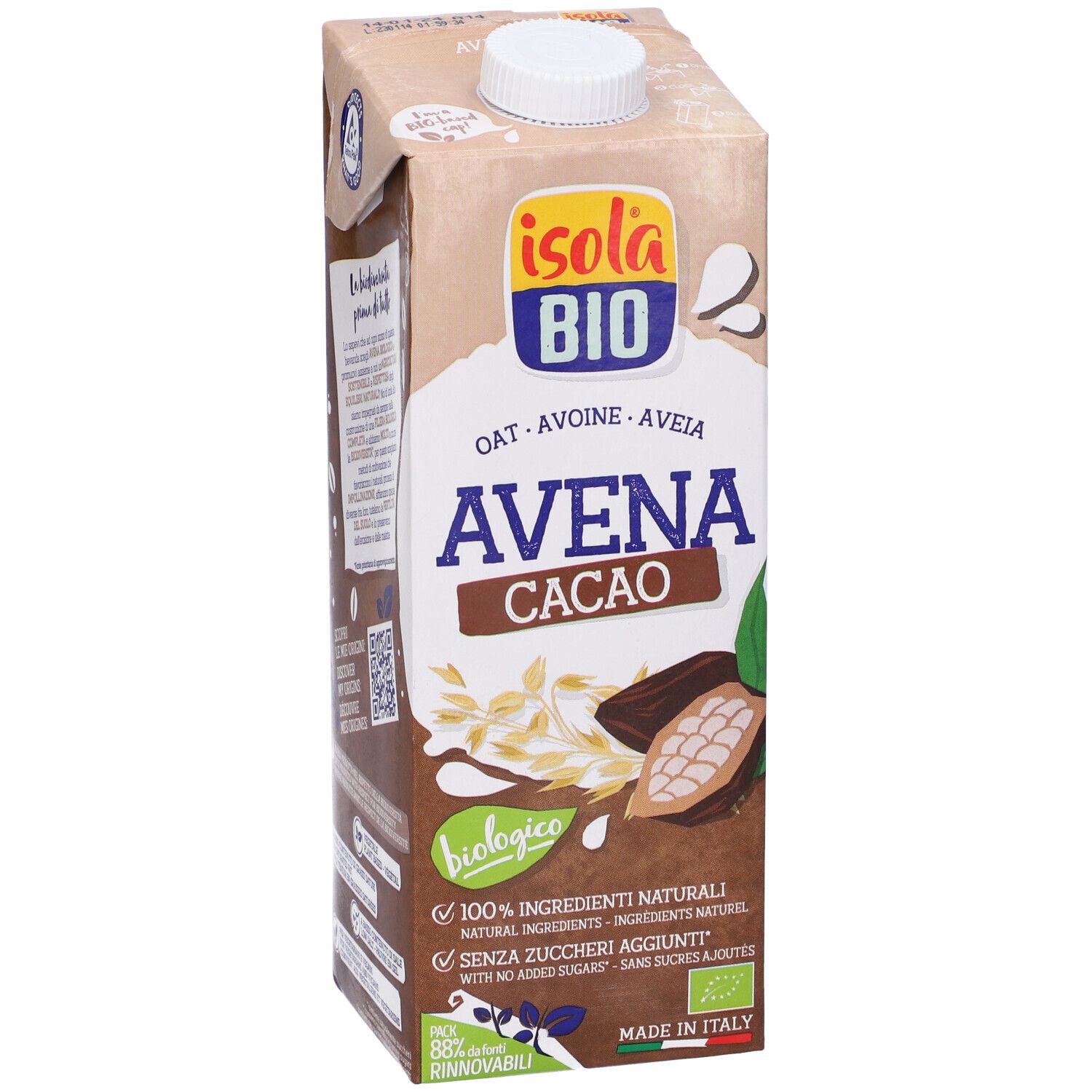 Confezione marrone con tappo bianco. Scritta: Avena Cacao, biologico, 100% ingredienti naturali. Marchio: Isola Bio.