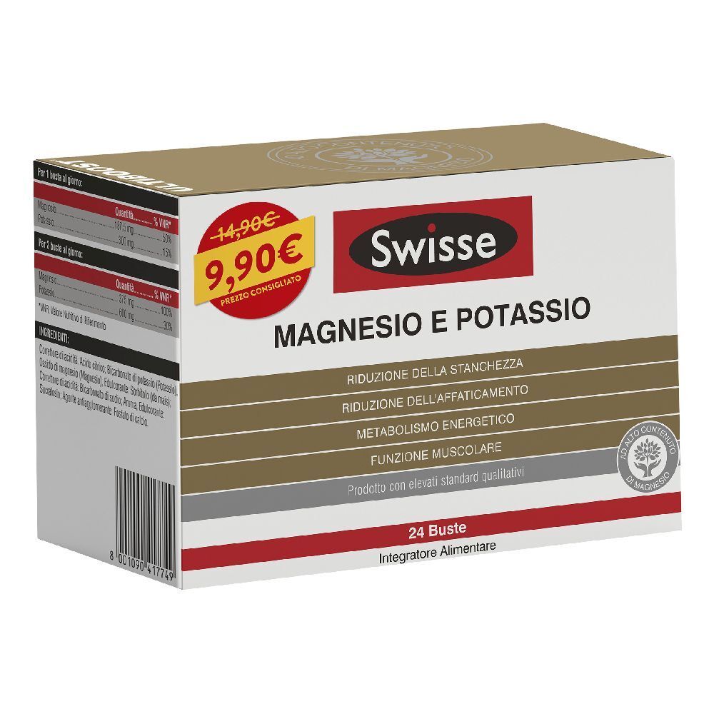Scatola Swisse Magnesio e Potassio. Scritta rossa e bianca, etichetta prezzo. 24 bustine.