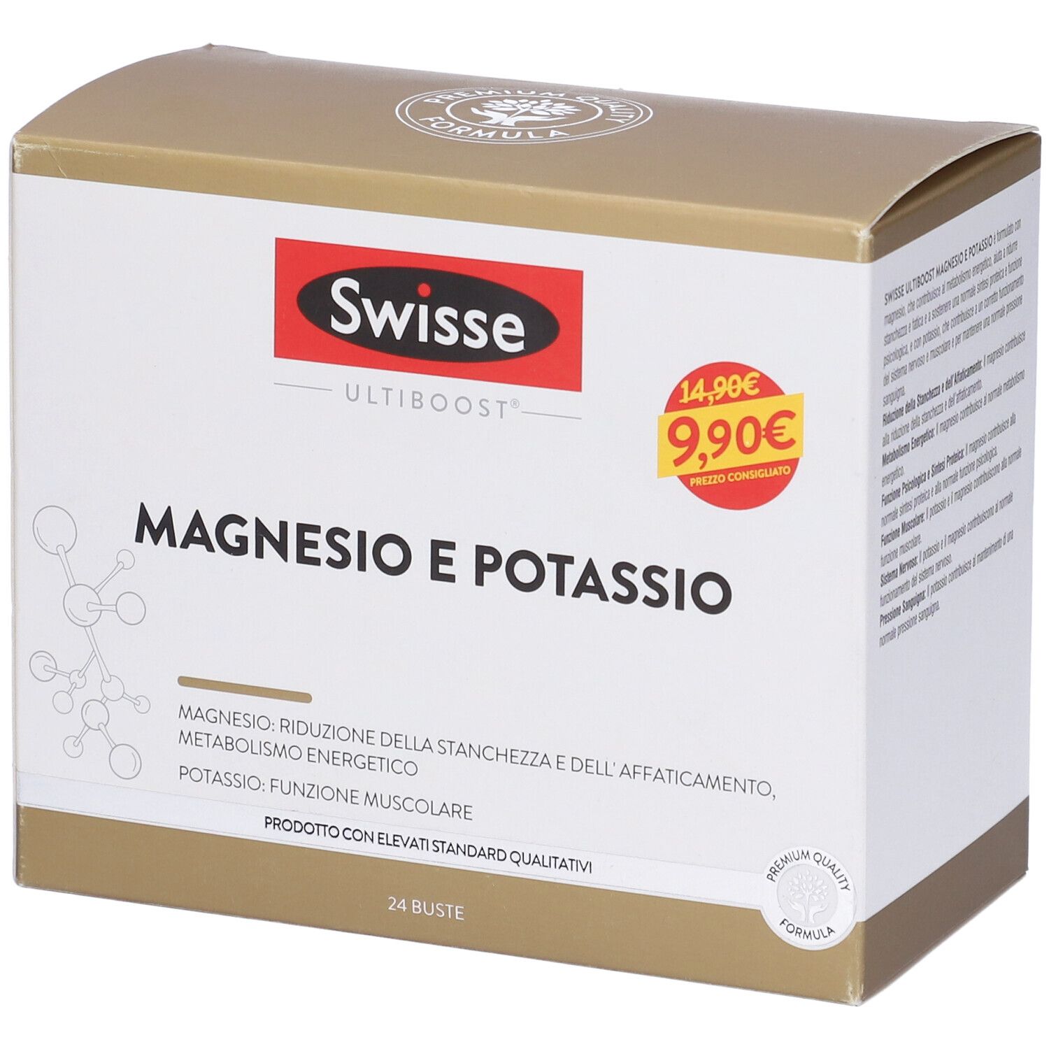Scatola Swisse Magnesio e Potassio. Dorata, logo rosso, etichetta prezzo. 24 bustine.