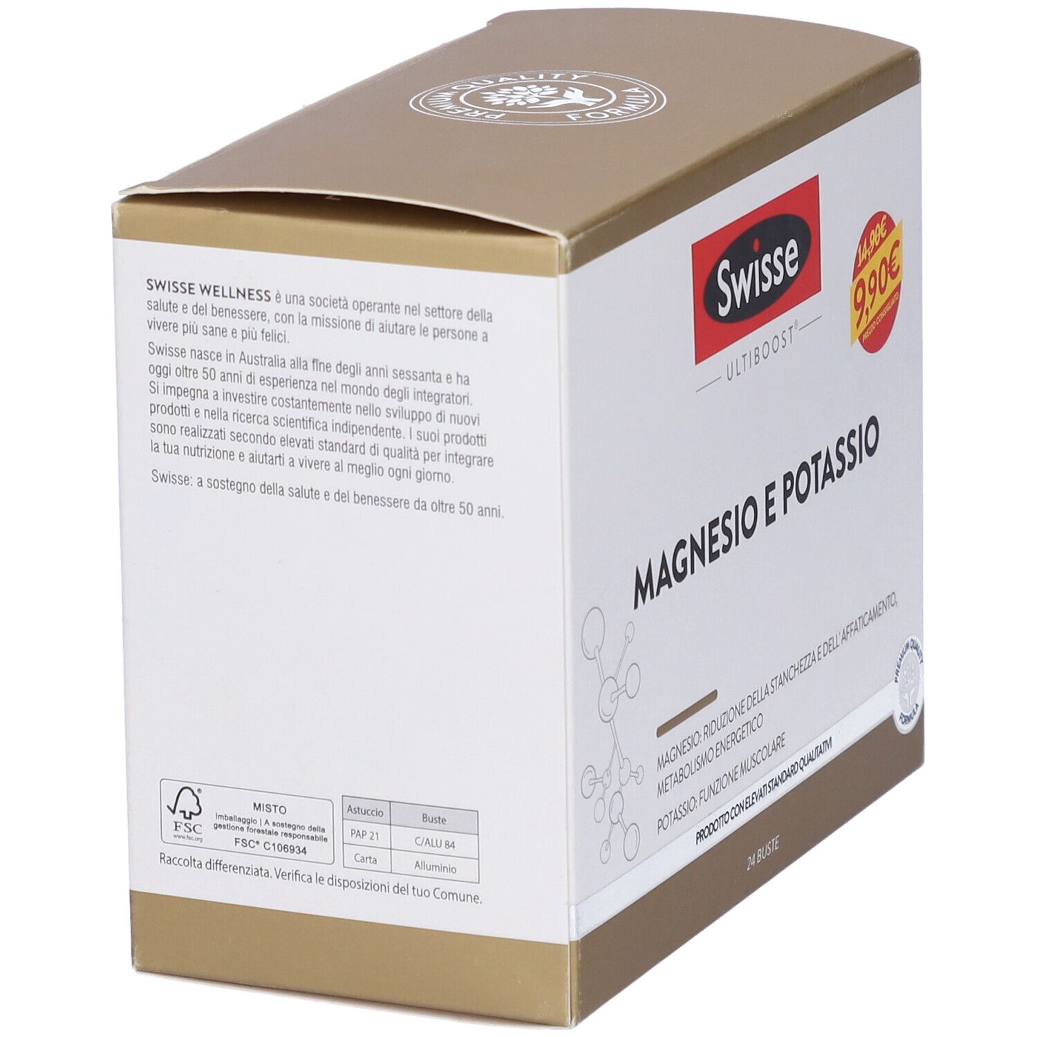 Scatola Swisse Magnesio e Potassio. Dorata, testo e logo. 24 bustine. Logo FSC.