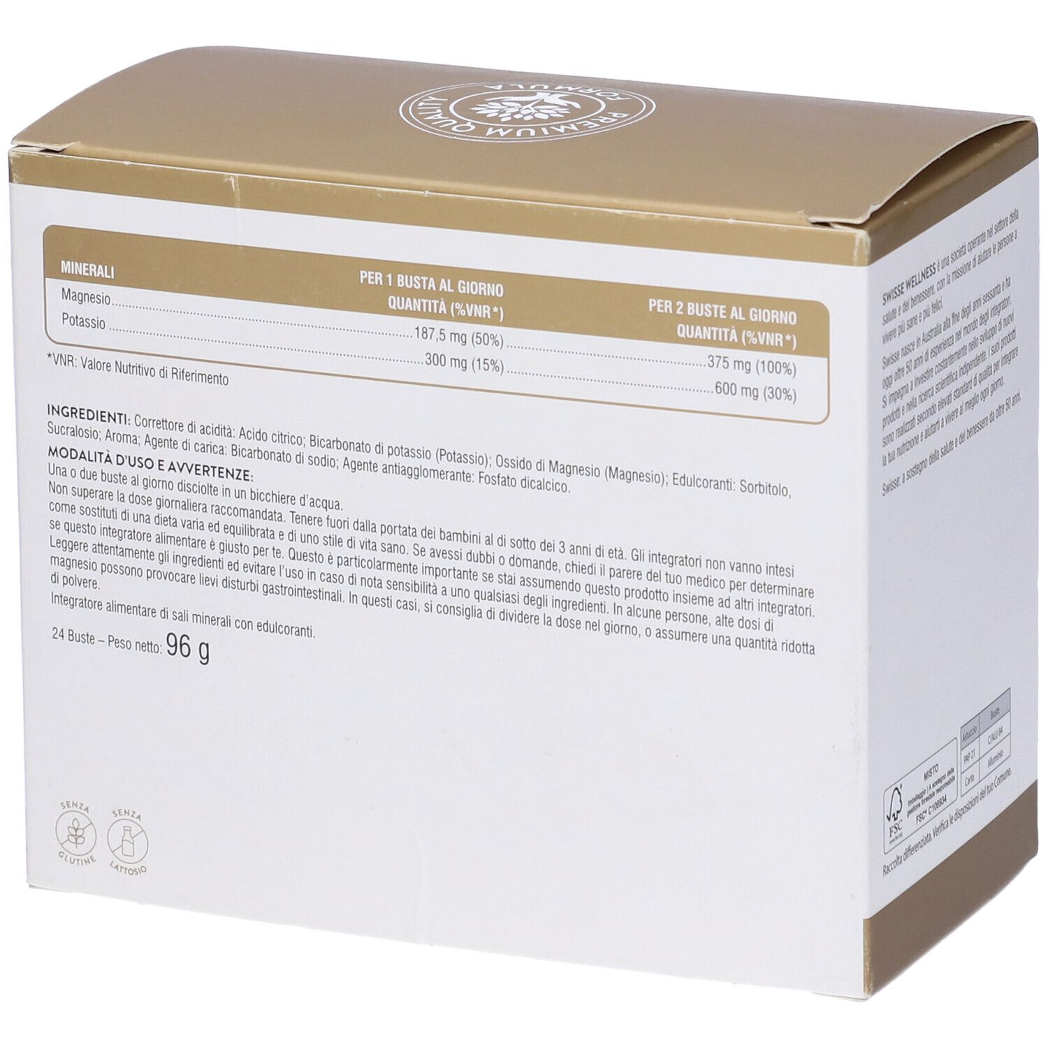 Retro della scatola Swisse Magnesio e Potassio. Informazioni nutrizionali, ingredienti. 24 bustine.