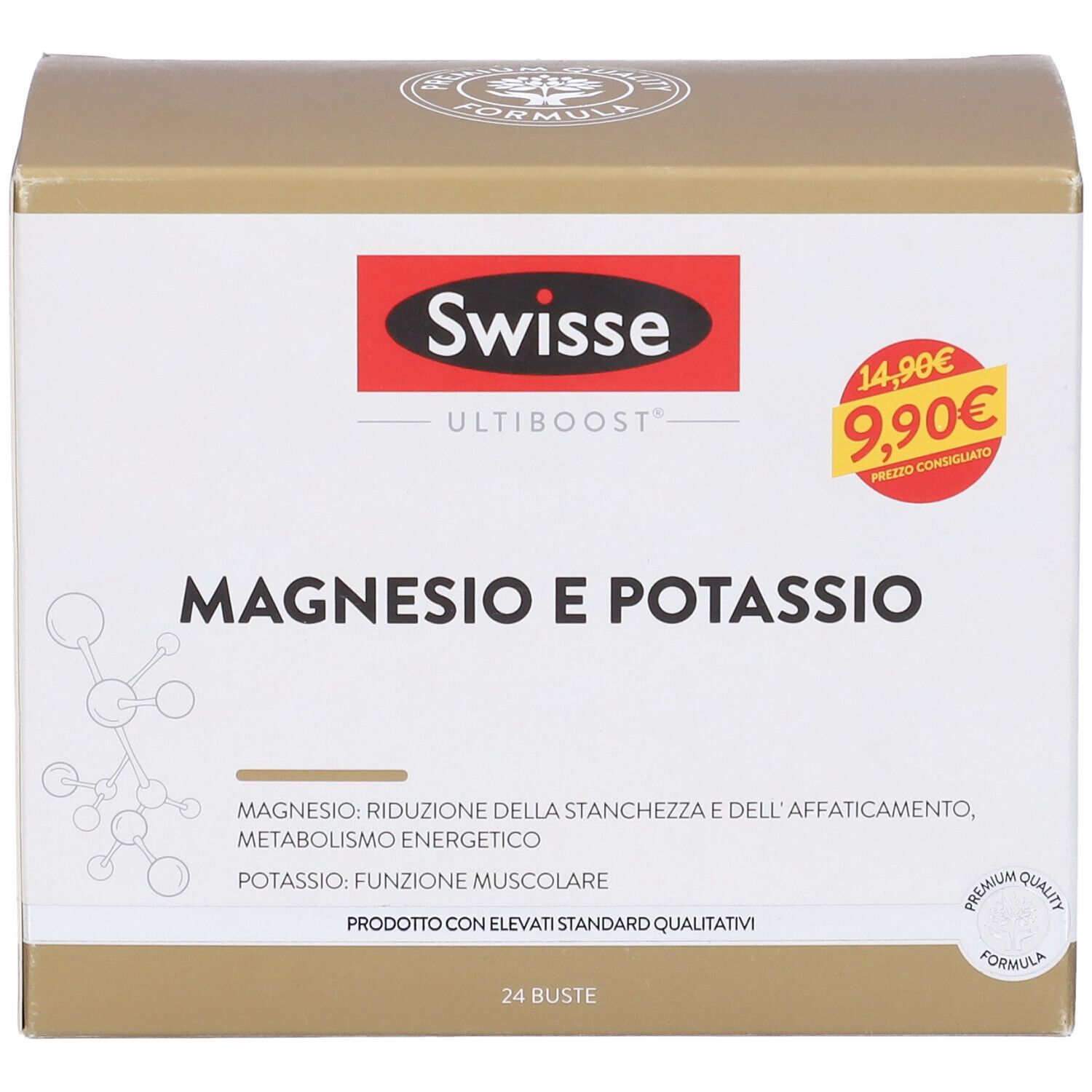 Scatola Swisse Magnesio e Potassio. Dorata, logo rosso, etichetta prezzo. 24 bustine.