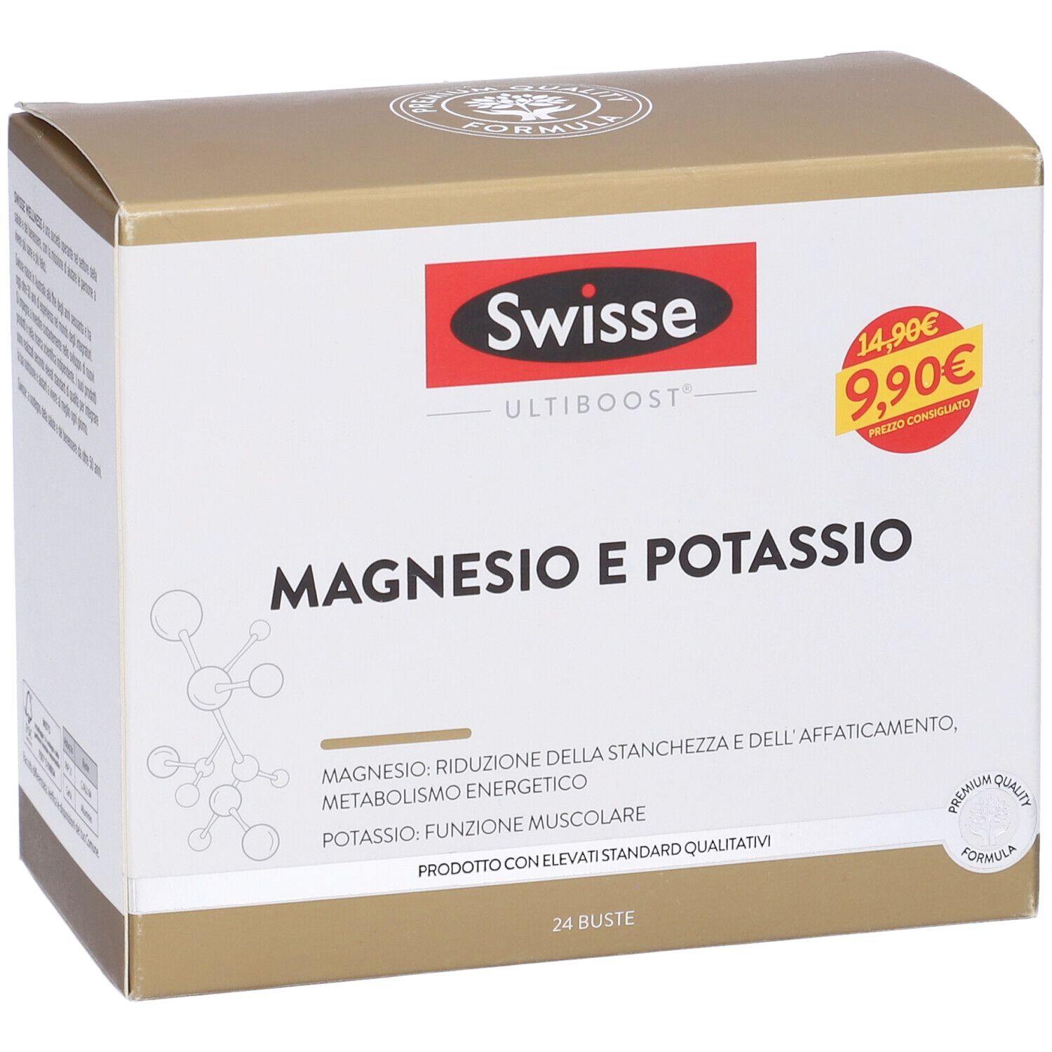 Scatola Swisse Magnesio e Potassio. Dorata, logo rosso, etichetta prezzo. 24 bustine.