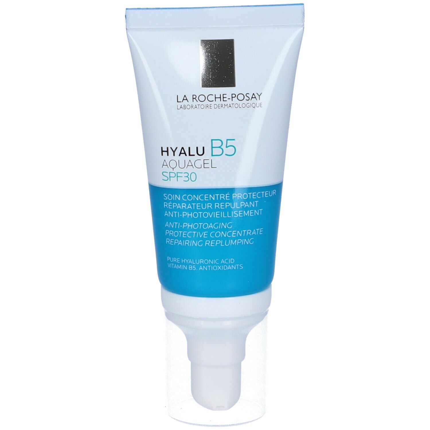 Tubo bianco con banda blu. Scritta: Hyalu B5 Aquagel SPF30. Nome del prodotto e testo.