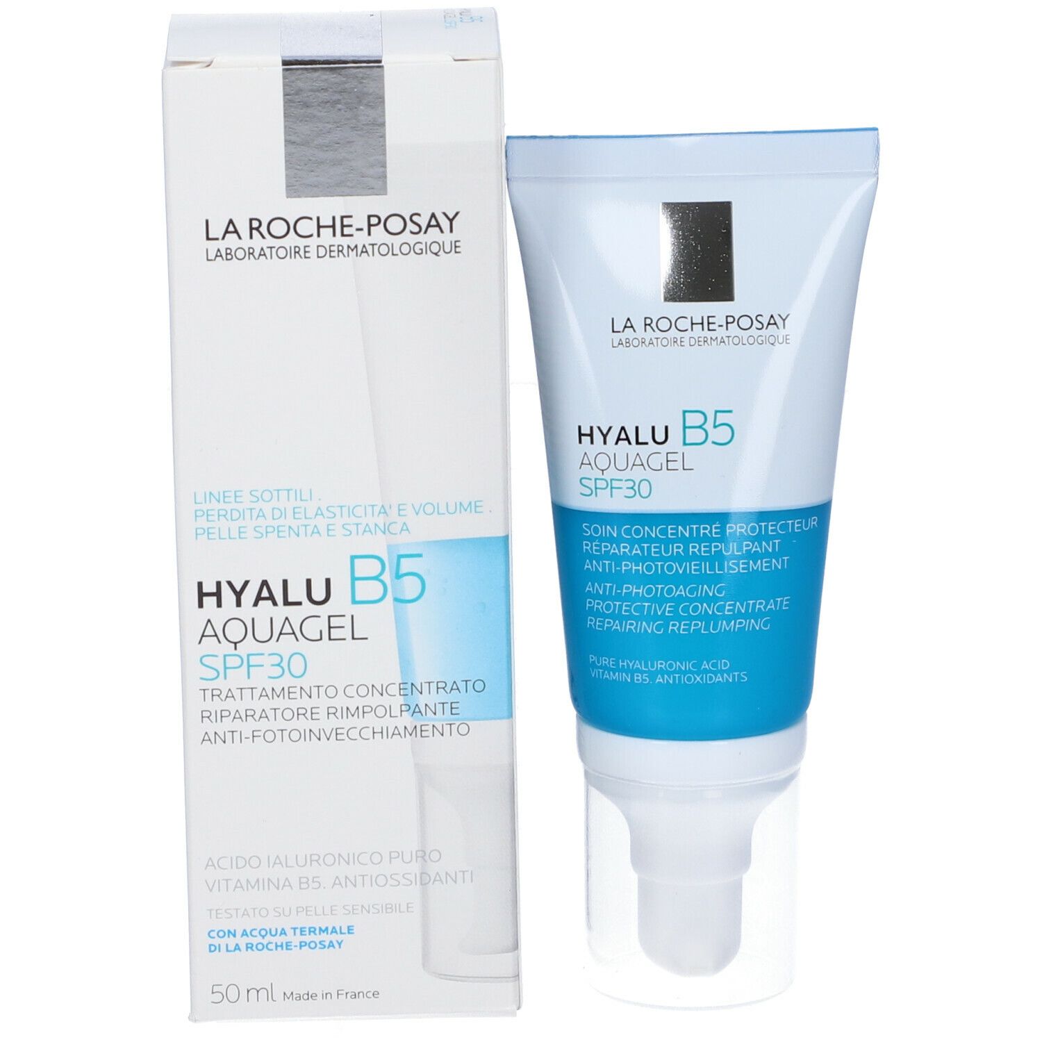 Confezione del prodotto con tubo. Scritta: Hyalu B5 Aquagel SPF30. Nome del prodotto e testo.