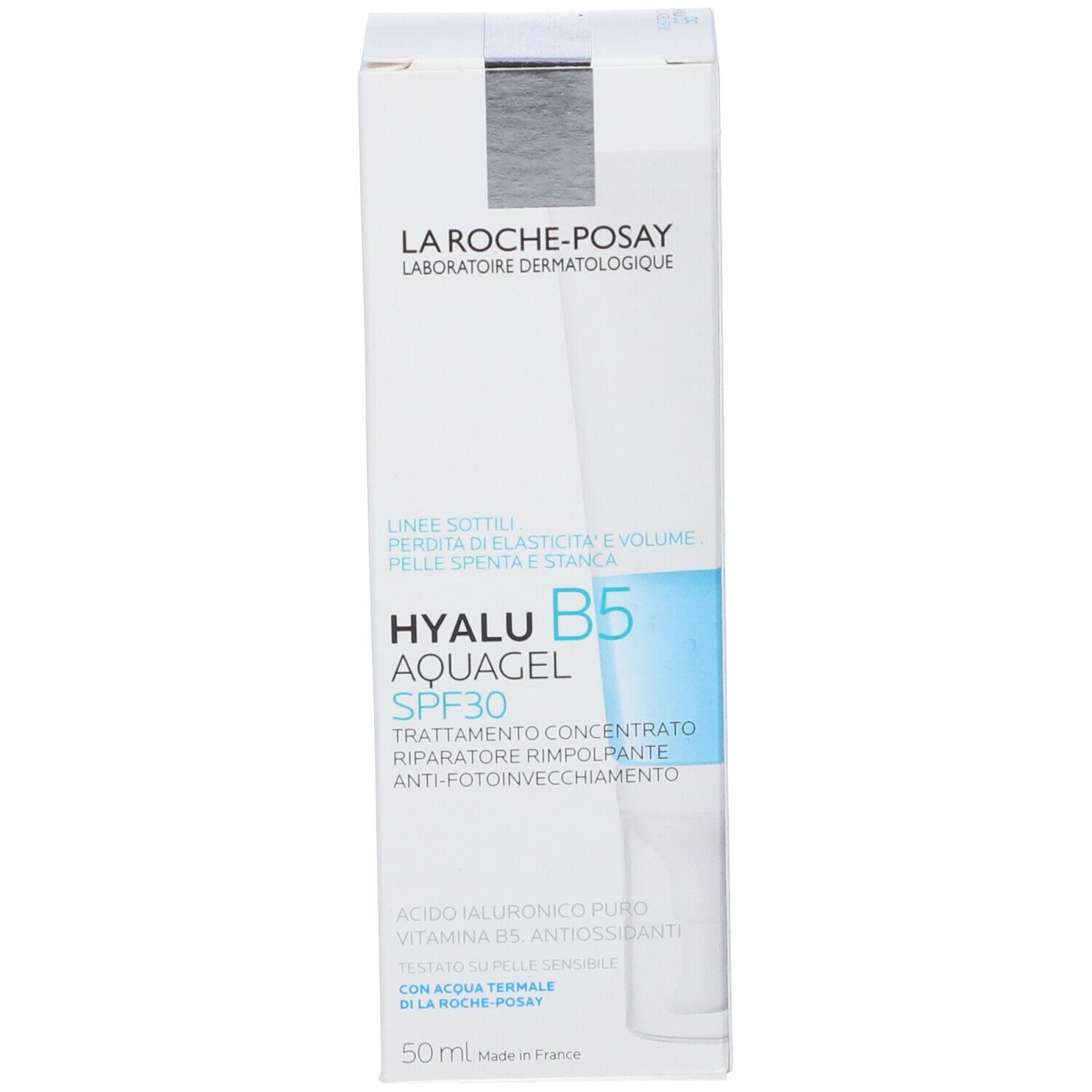 Confezione del prodotto. Scritta: Hyalu B5 Aquagel SPF30. Nome del prodotto e testo.