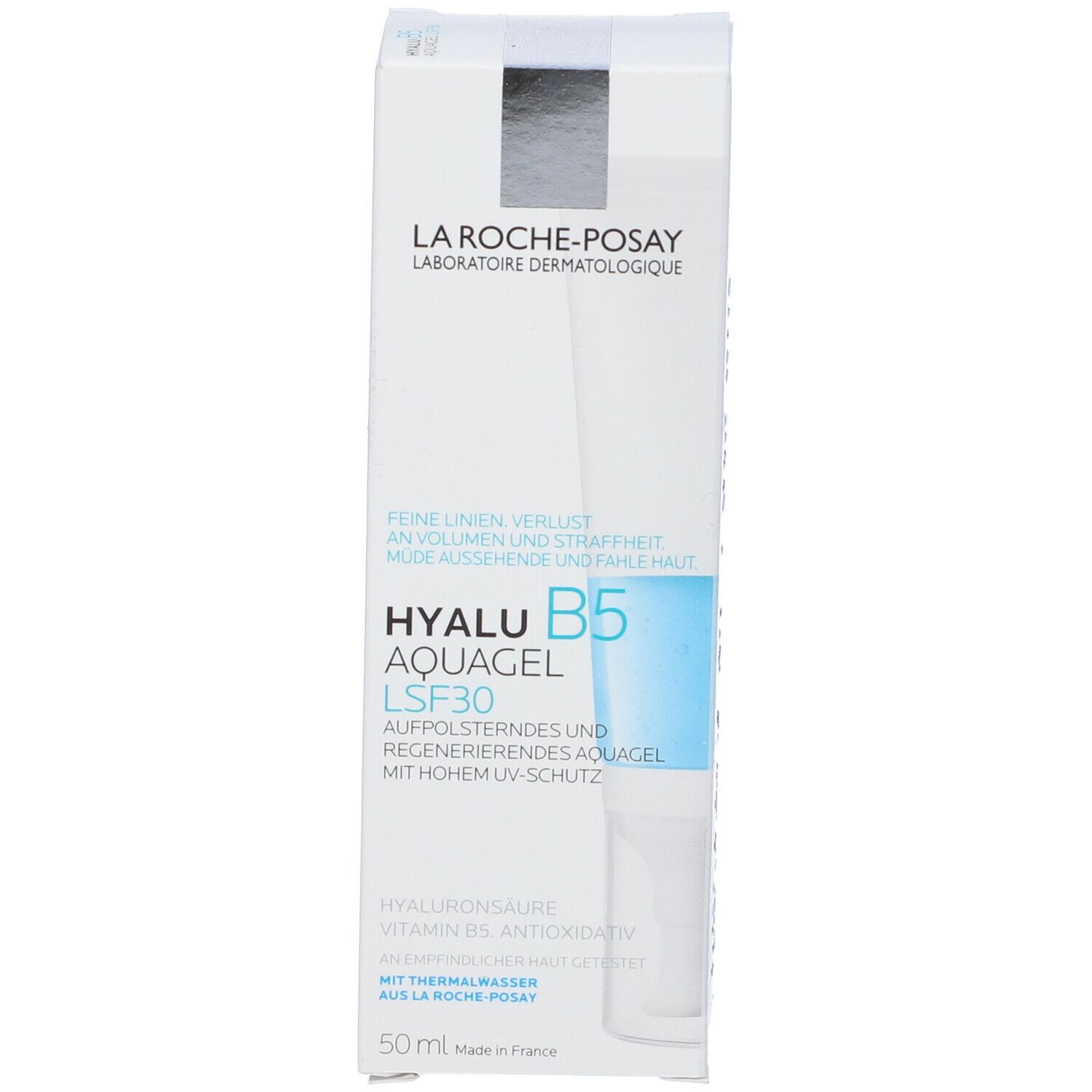 Confezione del prodotto. Scritta: Hyalu B5 Aquagel SPF30. Nome del prodotto e testo.