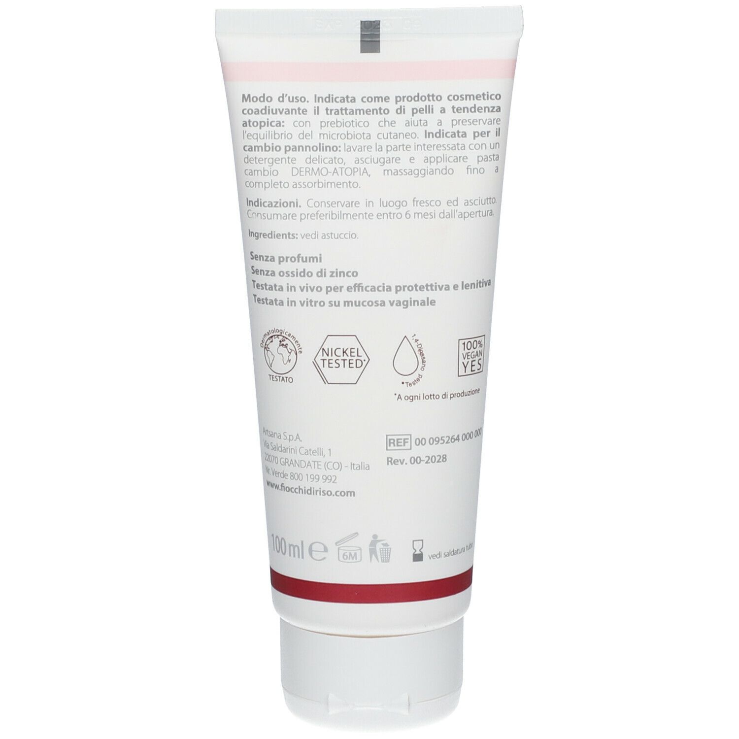 Retro del tubo. Testo con ingredienti, loghi 'Nickel Tested', '100% Vegan Yes'.