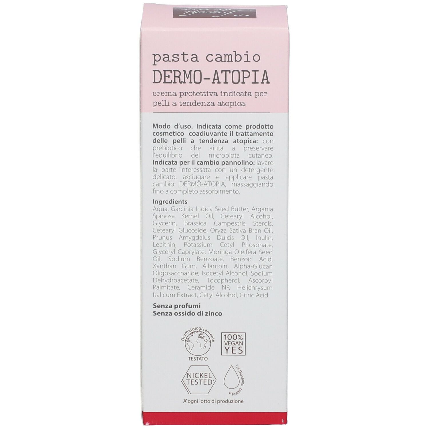 Lato della confezione. Testo con ingredienti, loghi 'Nickel Tested', '100% Vegan Yes'.