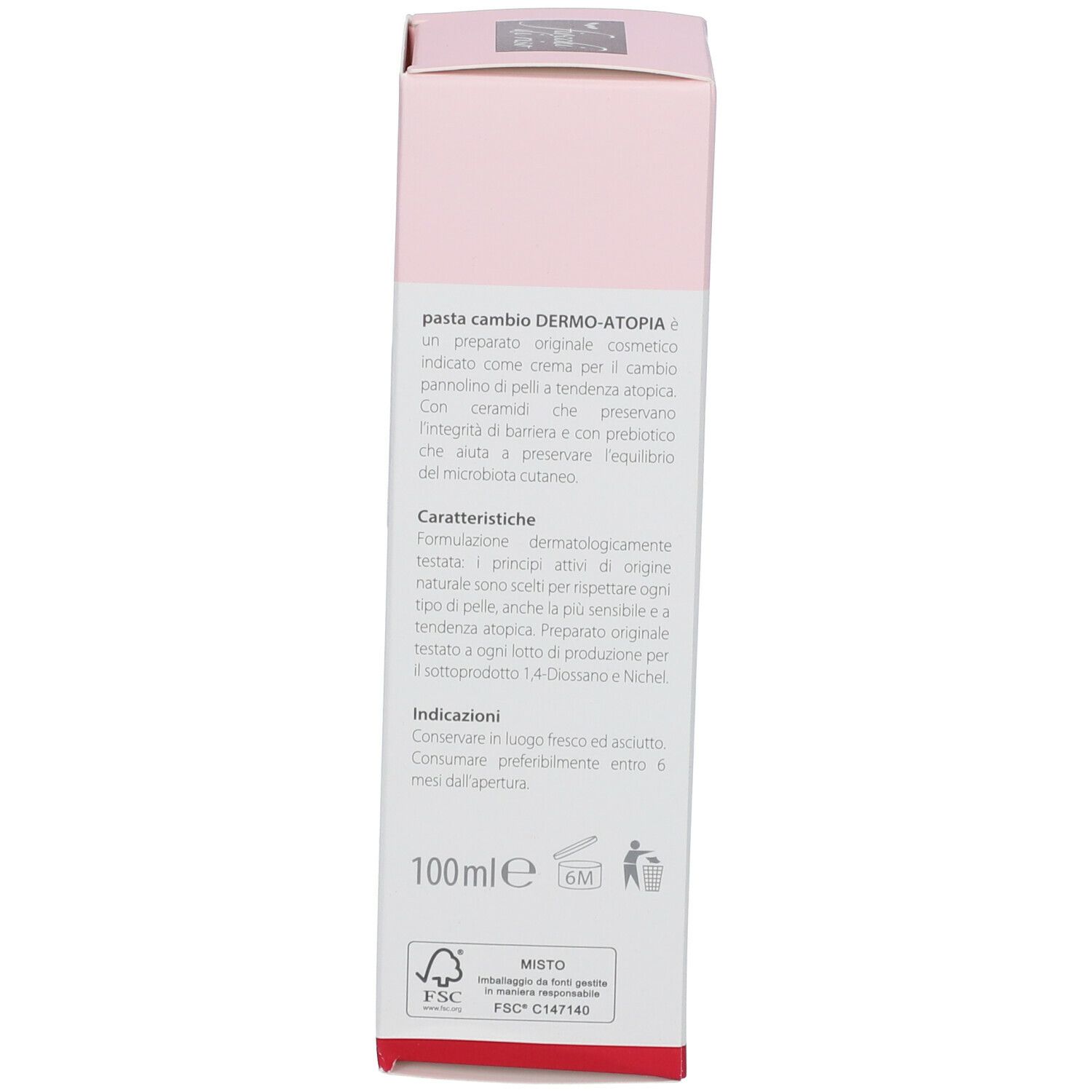 Lato della confezione. Testo, volume 100ml, loghi FSC, Misto, C/PAP81.