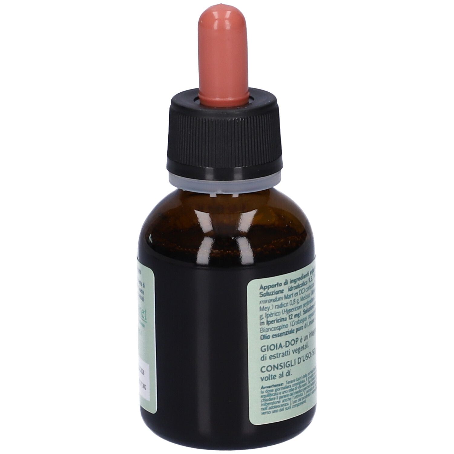 Seitenansicht einer Flasche mit Etikett, das Inhaltsstoffe und Anwendungshinweise zeigt.