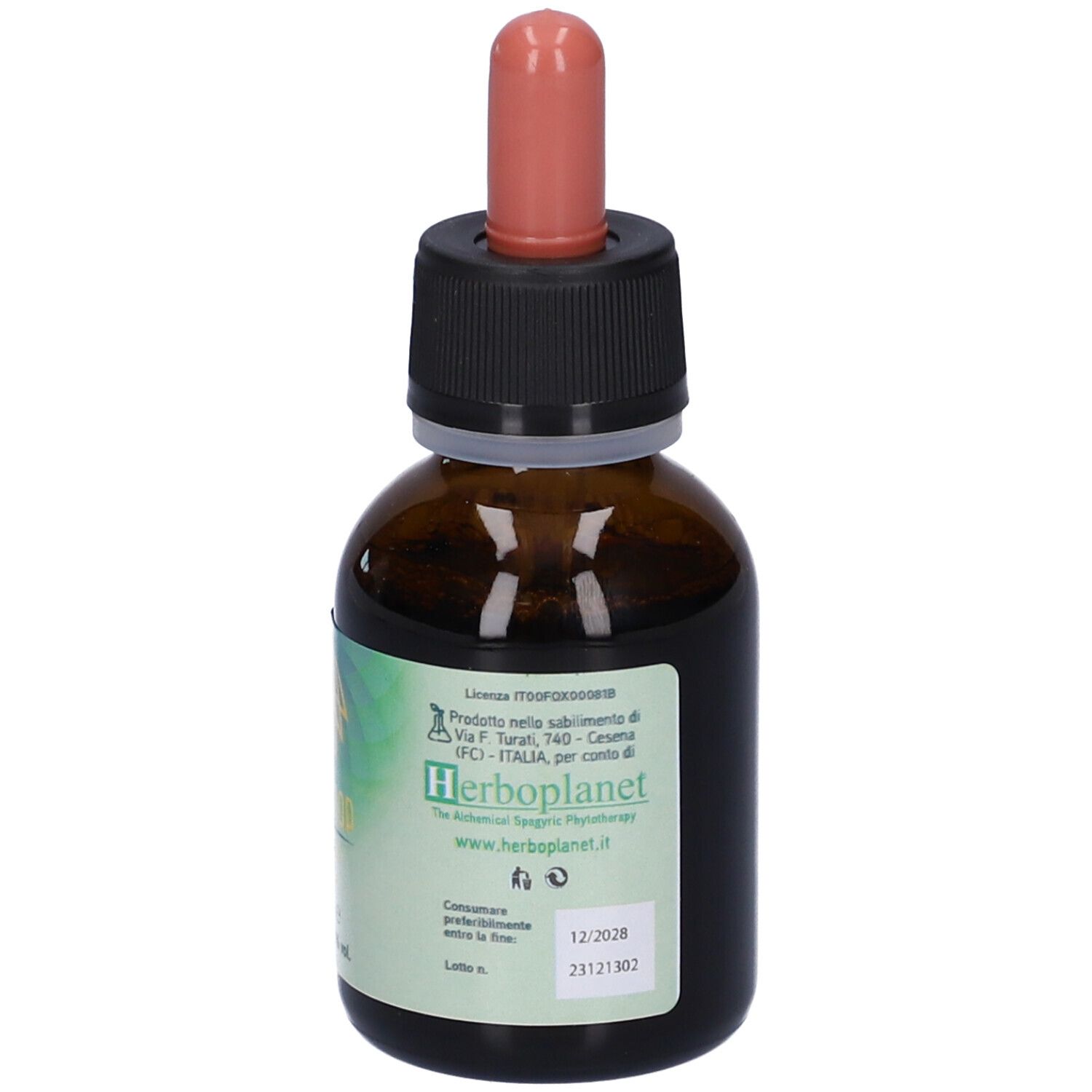 Flasche mit Etikett, das Herstellerinformationen und Website zeigt.