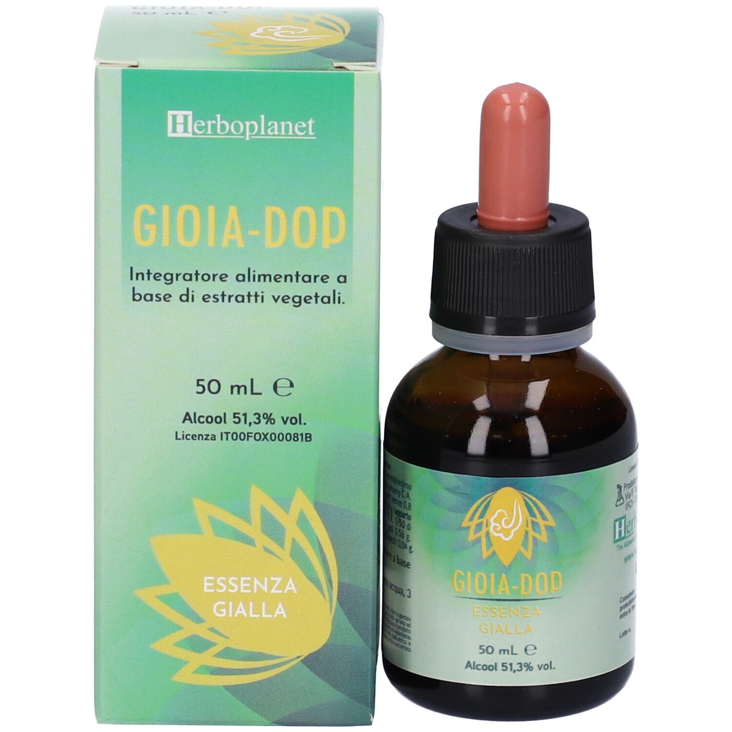 Produktverpackung und Flasche nebeneinander, beide mit gelbem Design.