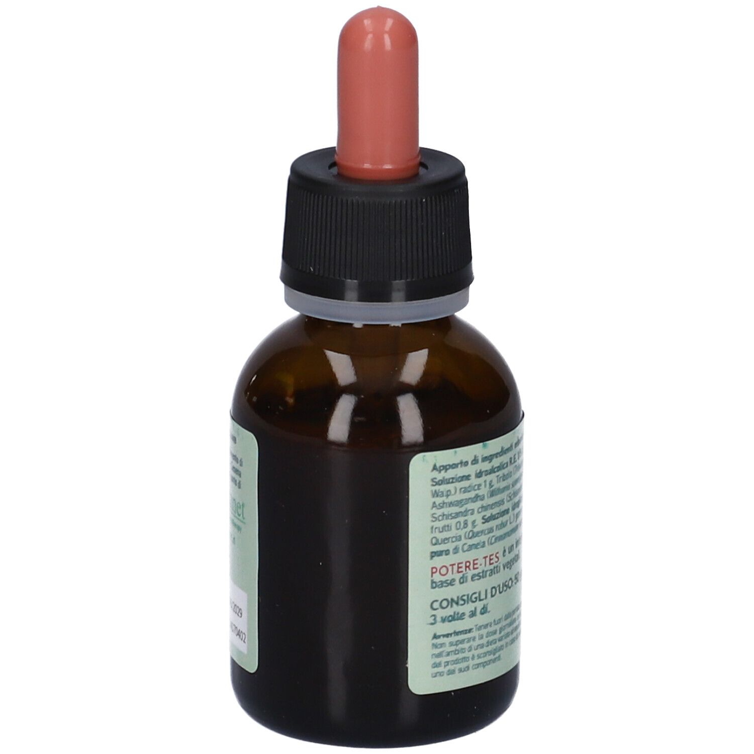 Braune Glasflasche mit Tropfer. Aufschrift: Potere-Tes Essenza Rossa. Etikett mit Inhaltsstoffen. Tropfer und Verschluss schwarz und rot.