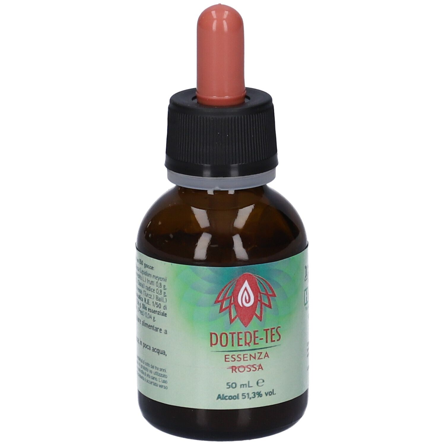 Braune Glasflasche mit Tropfer. Aufschrift: Potere-Tes Essenza Rossa. Tropfer und Verschluss schwarz und rot. Logo.