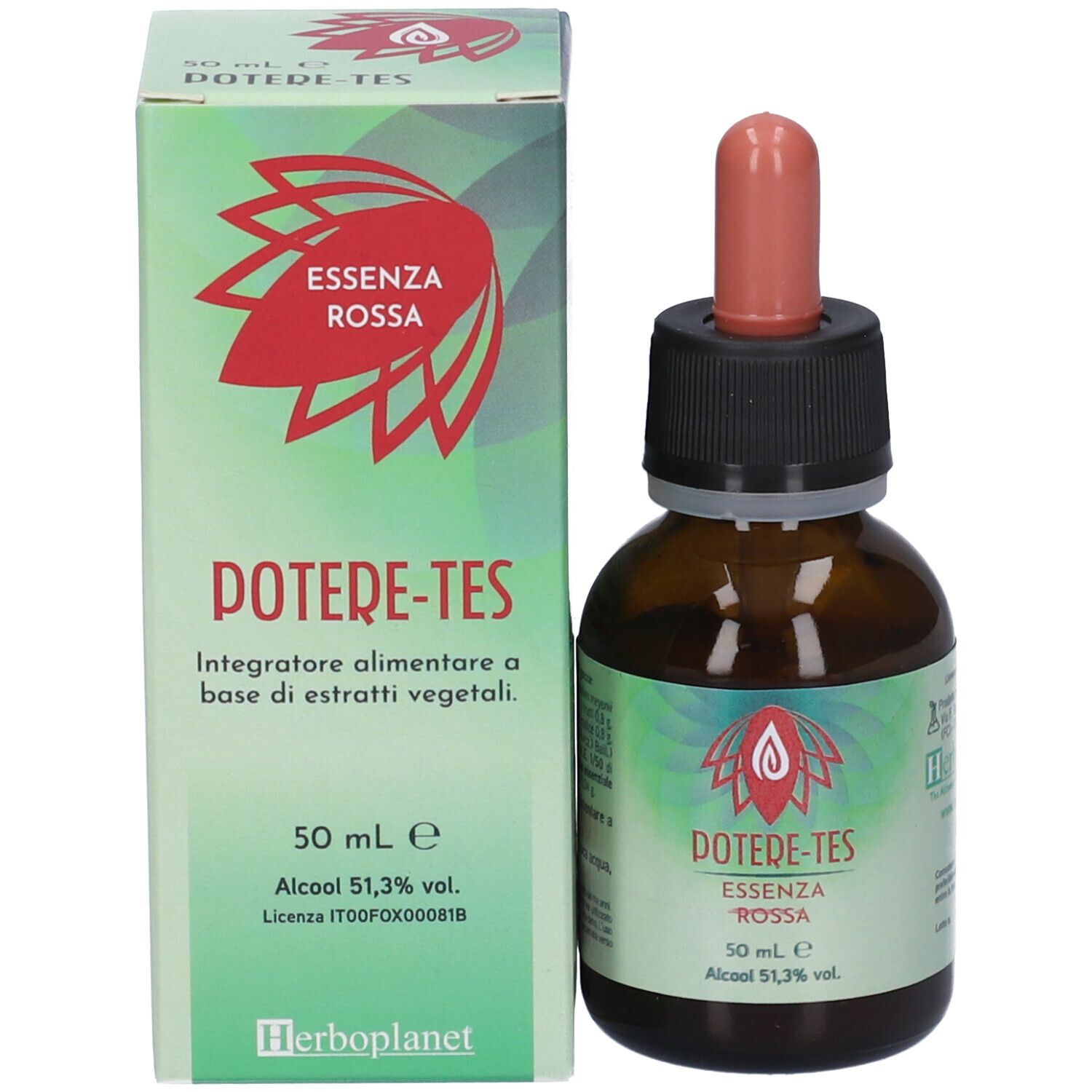 Braune Glasflasche mit Tropfer und Verpackung. Aufschrift: Potere-Tes Essenza Rossa. Tropfer und Verschluss schwarz und rot.