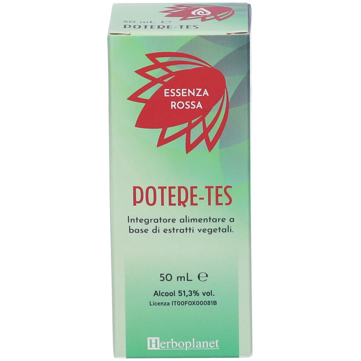 Verpackung mit Aufschrift: Potere-Tes Essenza Rossa. Grün-weißes Design. Flasche nicht sichtbar.