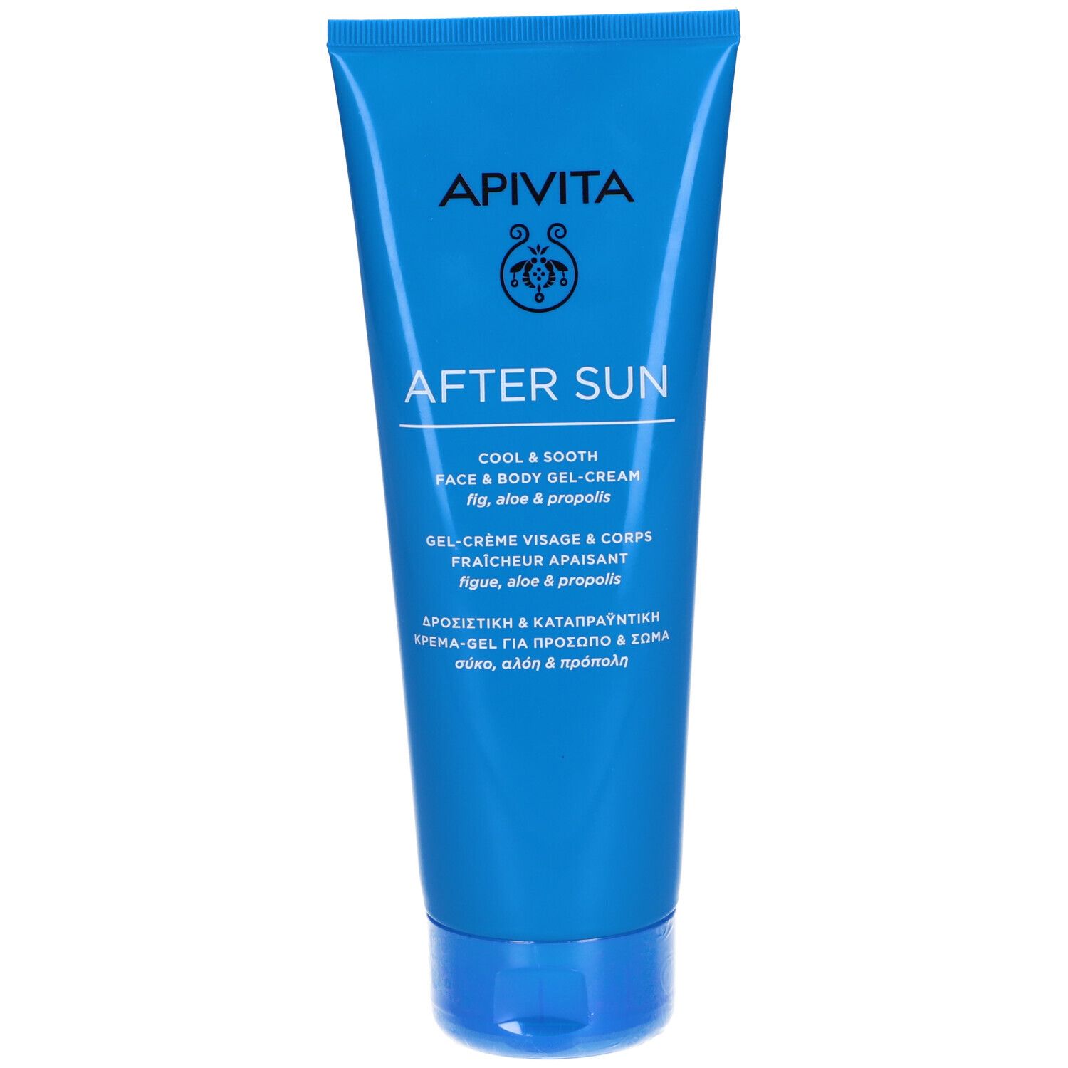 Tubo blu con scritte bianche. Visibili "Apivita" e "After Sun". Gel-crema viso e corpo.