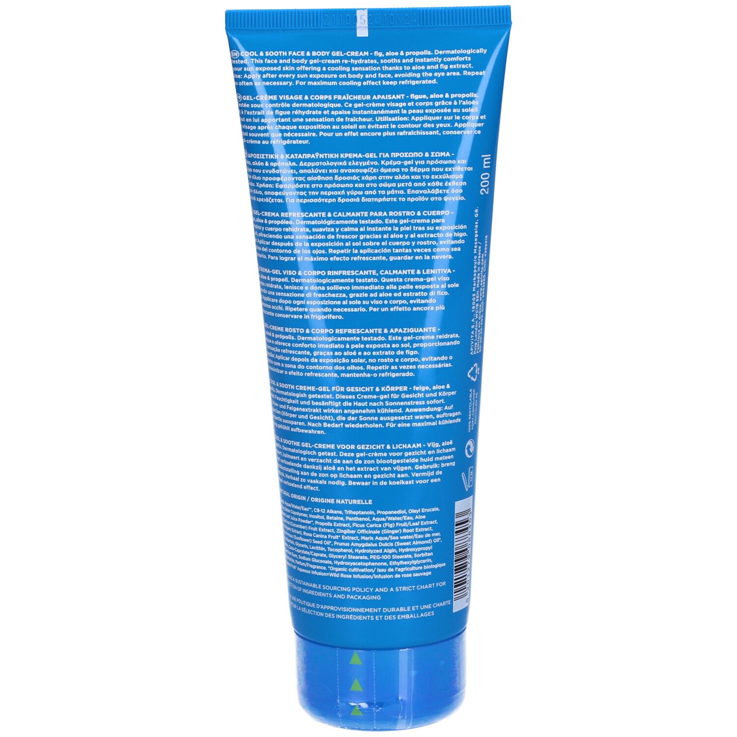 Retro del tubo blu. Testo multilingue. Informazioni sul prodotto e ingredienti.