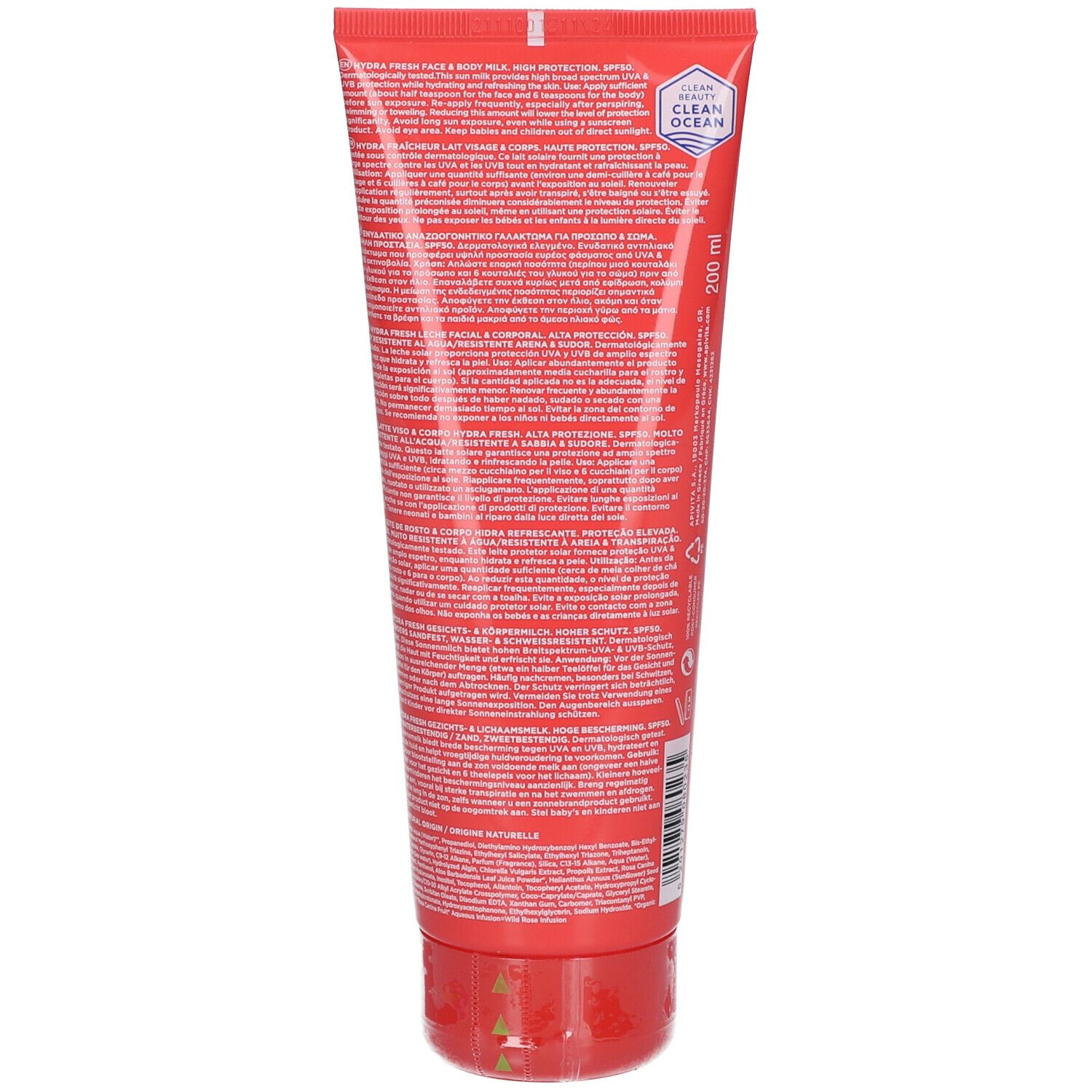 Retro del tubo rosso APIVITA BEE SUN SAFE. Testo: Hydra Fresh Face & Body Milk SPF50. Informazioni sul prodotto.