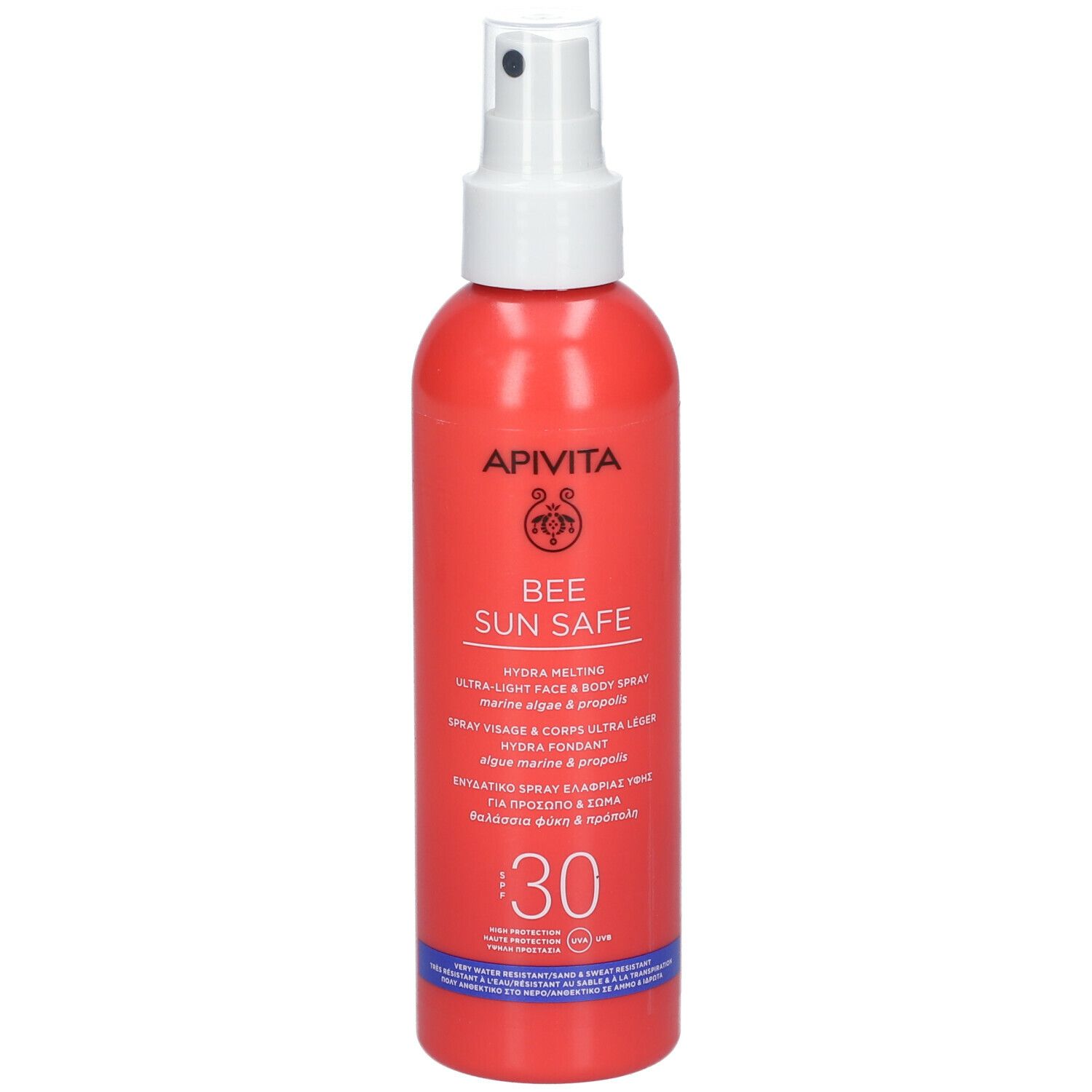 Flacone spray rosso con erogatore bianco. Scritta APIVITA BEE SUN SAFE SPF30. Viso e corpo.