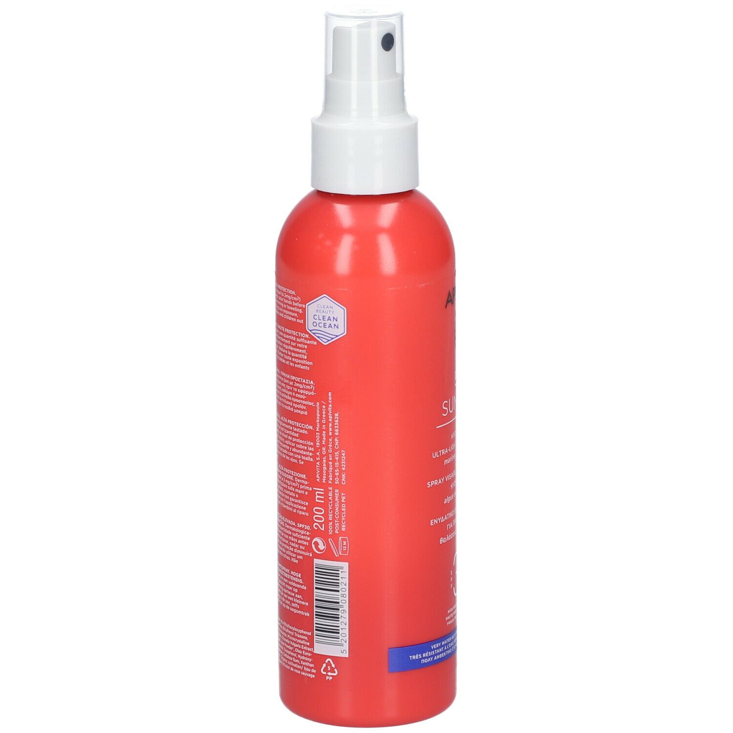 Flacone spray rosso, retro. Testo: Ingredienti, istruzioni per l'uso, avvertenze.