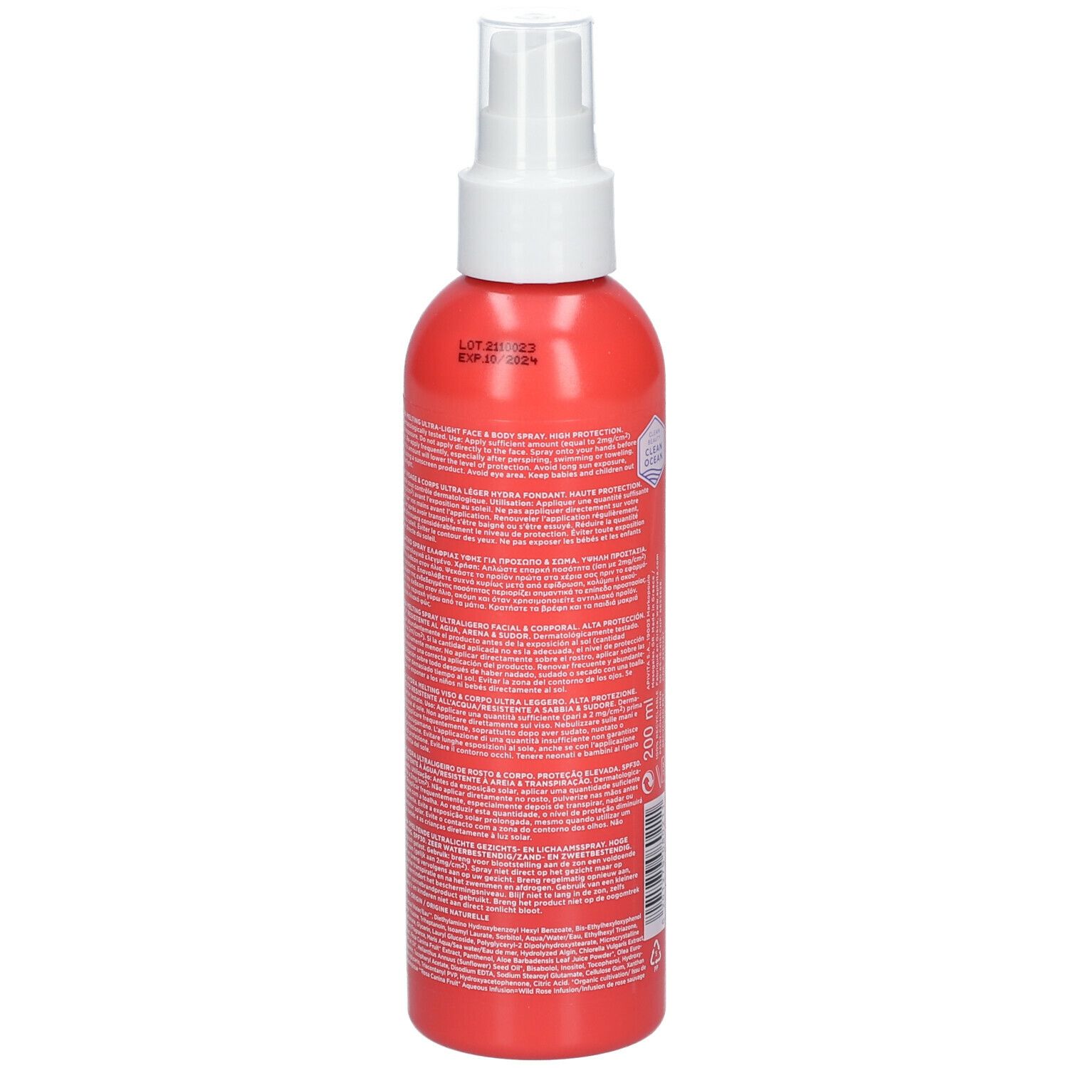 Flacone spray rosso con erogatore bianco. Scritta APIVITA BEE SUN SAFE SPF30. Viso e corpo.