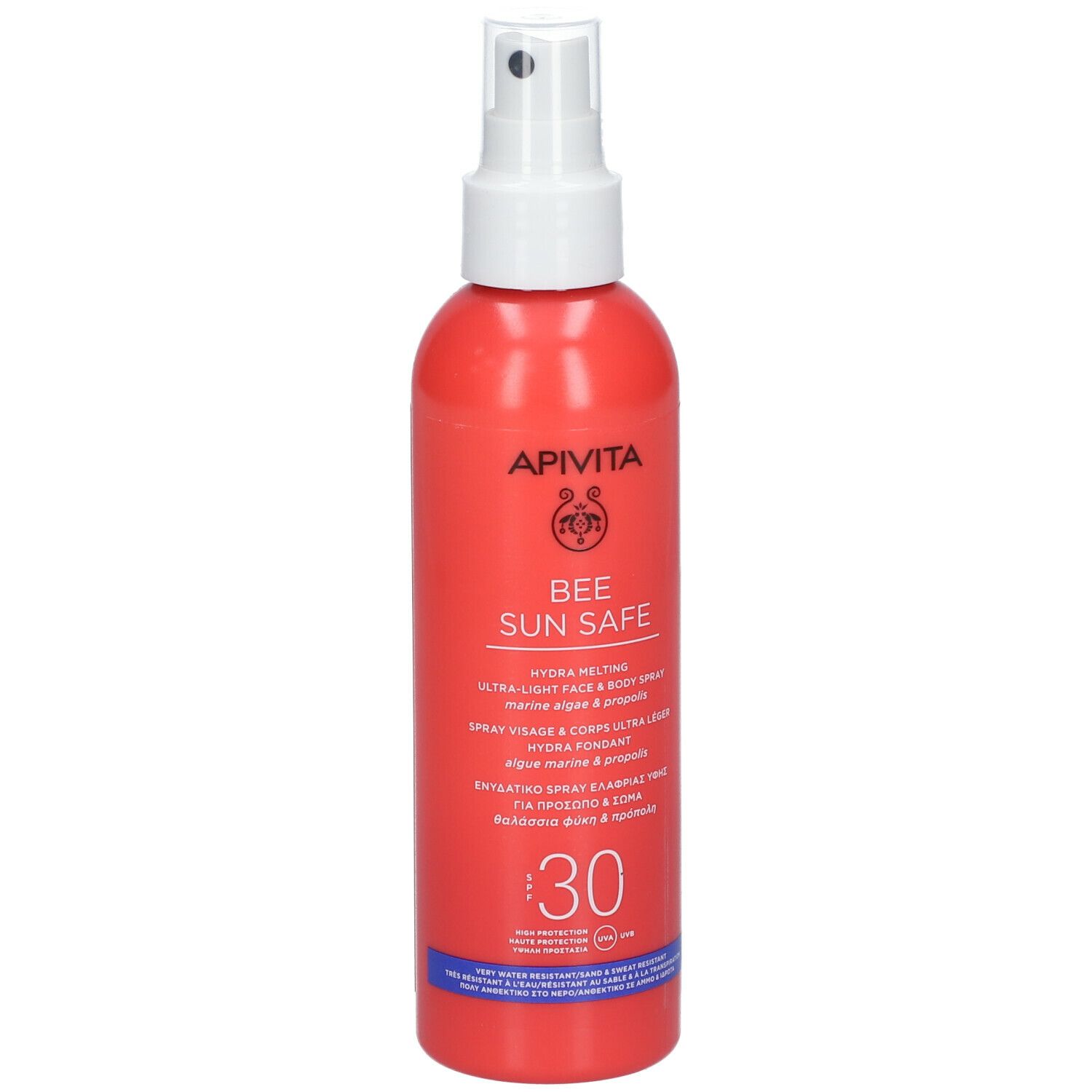 Flacone spray rosso con erogatore bianco. Scritta APIVITA BEE SUN SAFE SPF30. Viso e corpo.