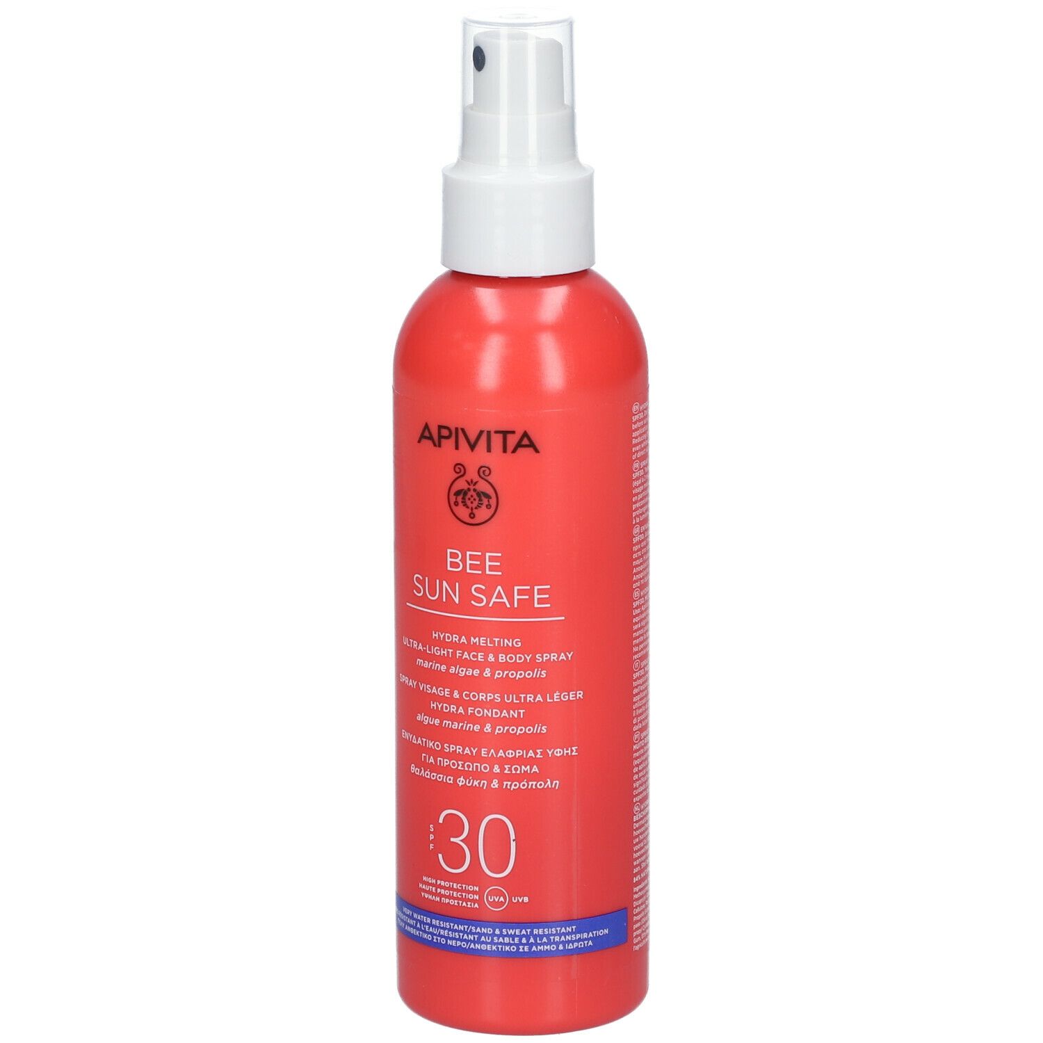 Flacone spray rosso, retro. Testo: Ingredienti, istruzioni per l'uso, avvertenze.
