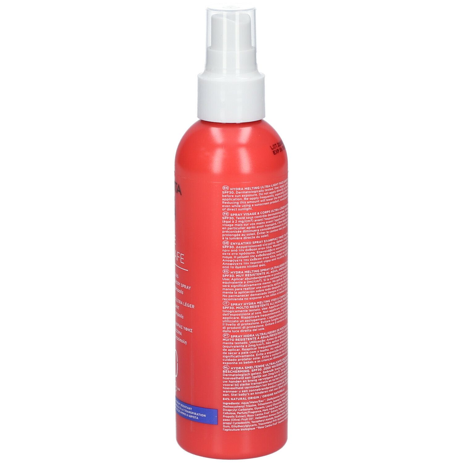 Flacone spray rosso, retro. Testo: Ingredienti, istruzioni per l'uso, avvertenze.