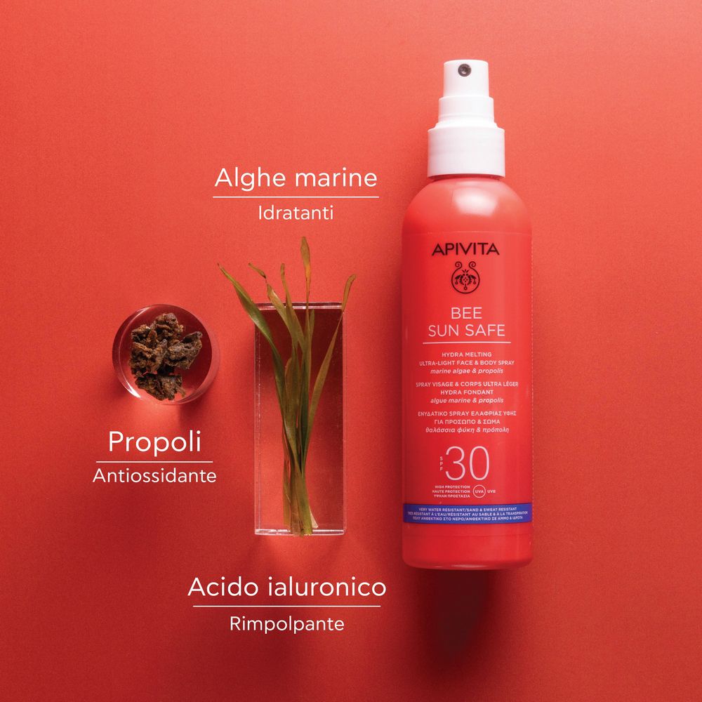 Flacone spray rosso con ingredienti: alghe marine, propoli, acido ialuronico. Sfondo rosso.