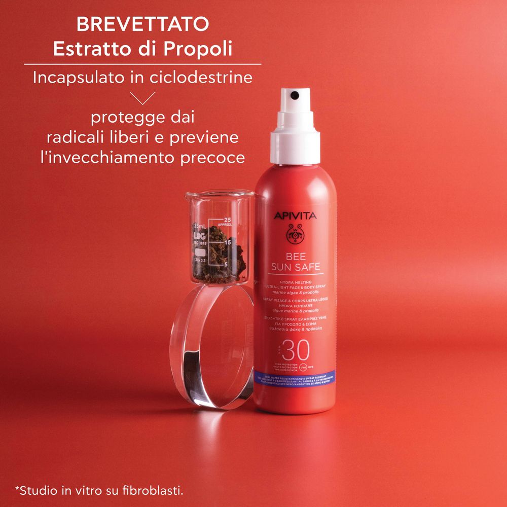 Flacone spray rosso e beuta con propoli. Testo: Protegge dai radicali liberi.