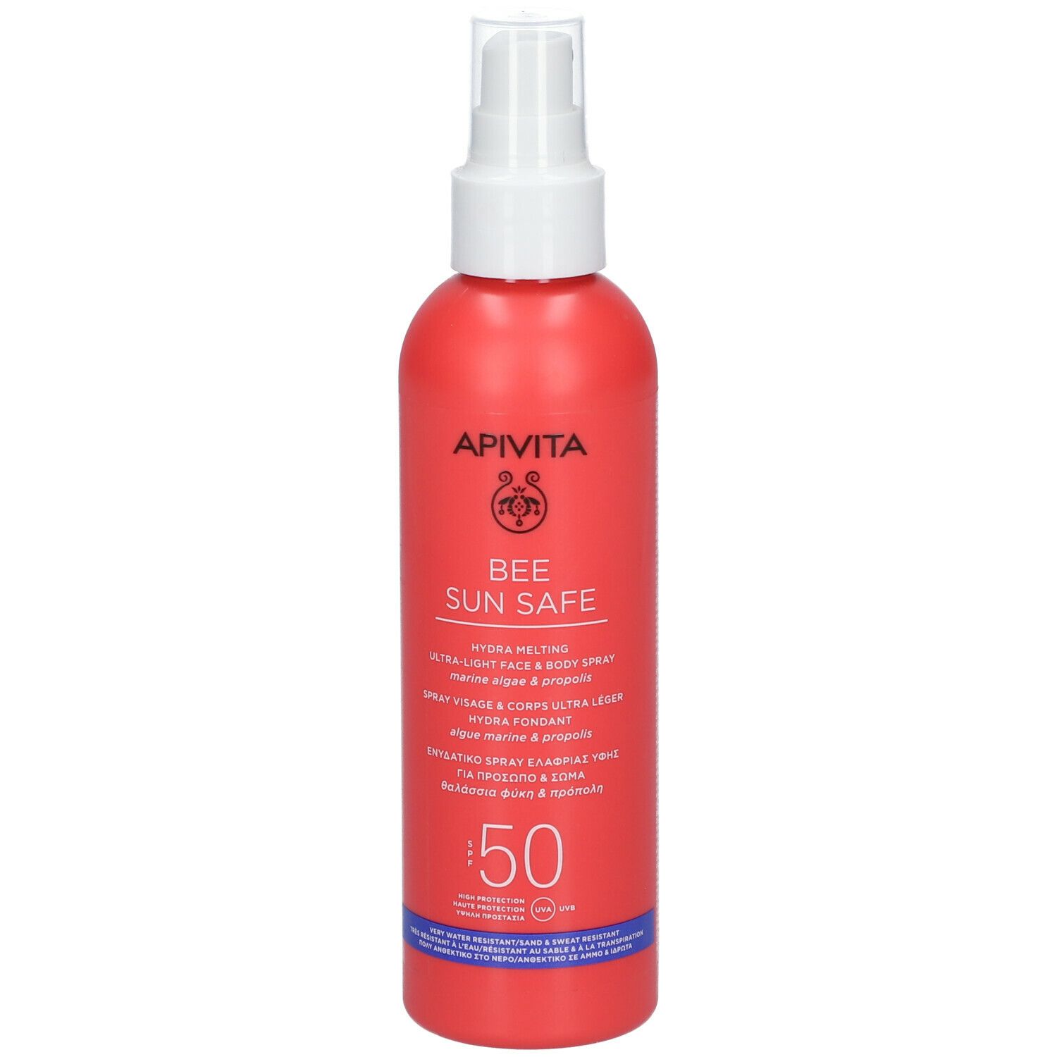 Flacone spray rosso con erogatore bianco. Scritta: APIVITA BEE SUN SAFE, SPF 50.