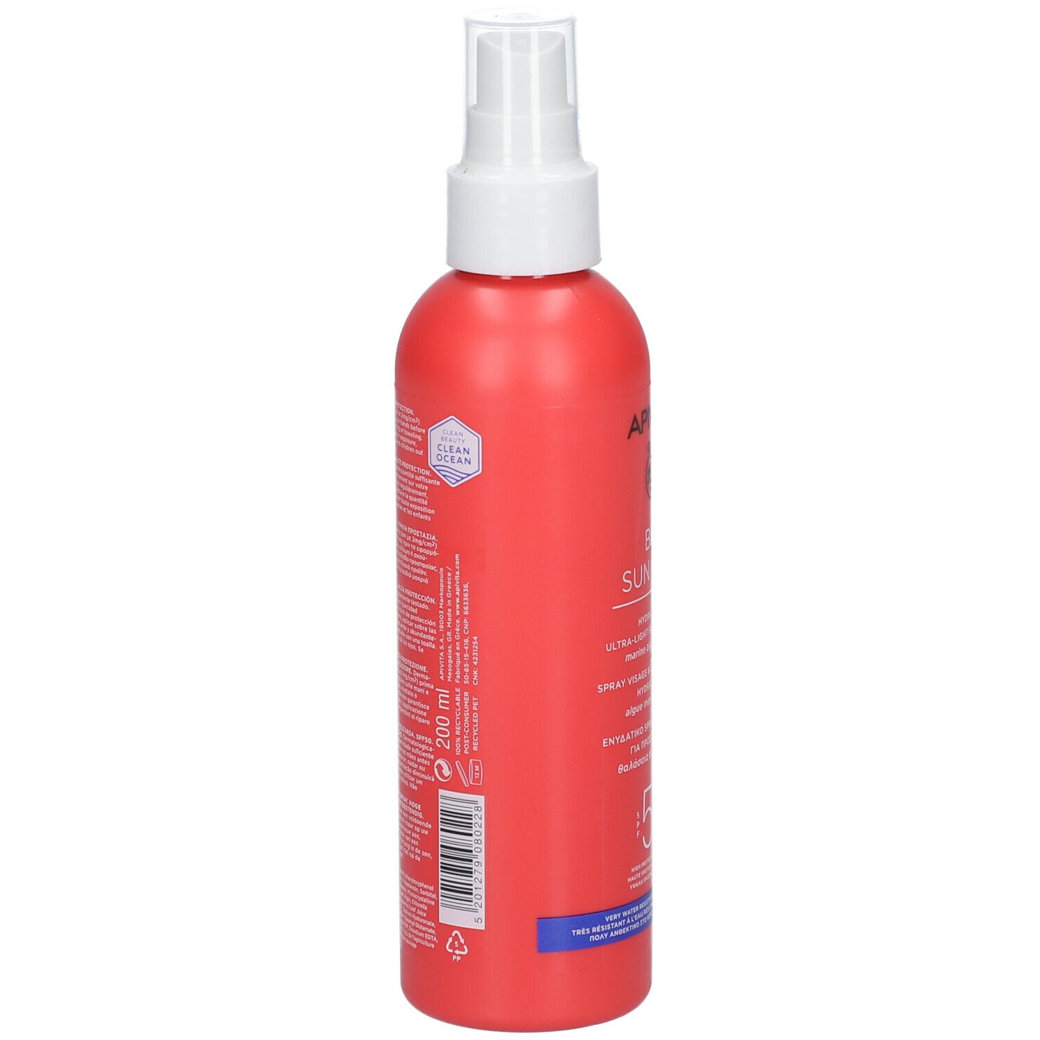 Flacone spray rosso con erogatore bianco. Scritta: APIVITA BEE SUN SAFE, SPF 50. Retro con testo.