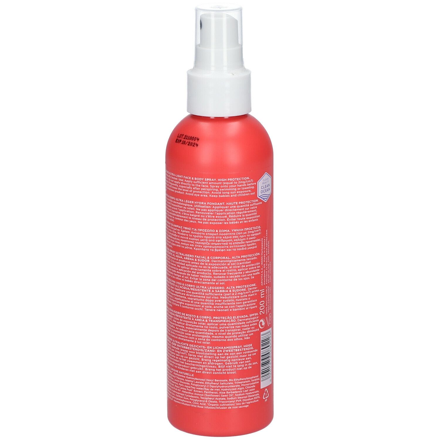 Flacone spray rosso con erogatore bianco. Scritta: APIVITA BEE SUN SAFE, SPF 50. Retro con testo.
