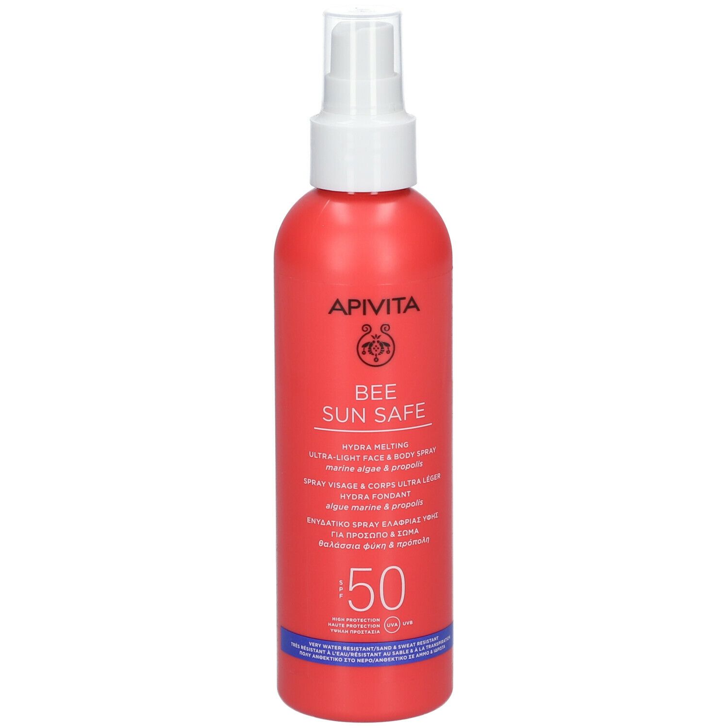 Flacone spray rosso con erogatore bianco. Scritta: APIVITA BEE SUN SAFE, SPF 50.