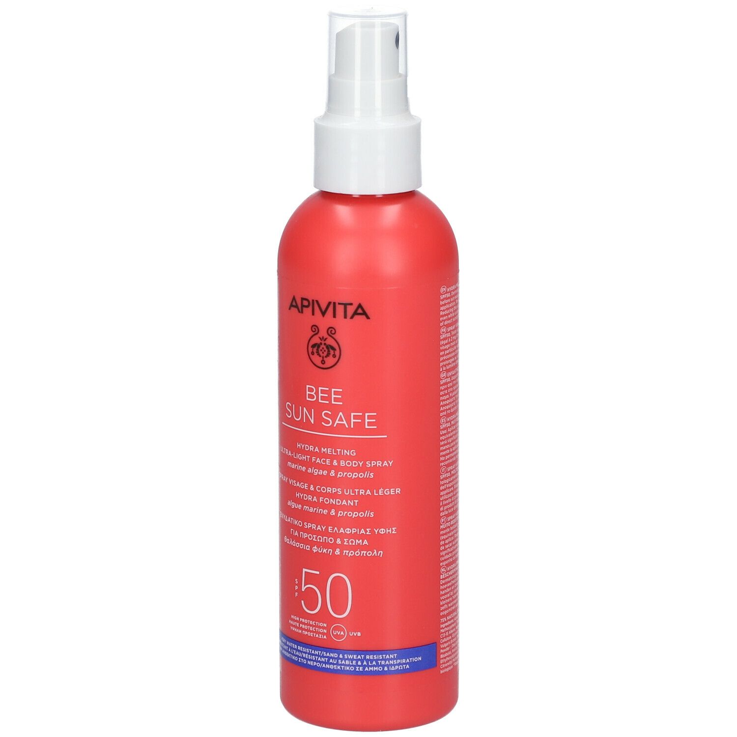 Flacone spray rosso con erogatore bianco. Scritta: APIVITA BEE SUN SAFE, SPF 50.