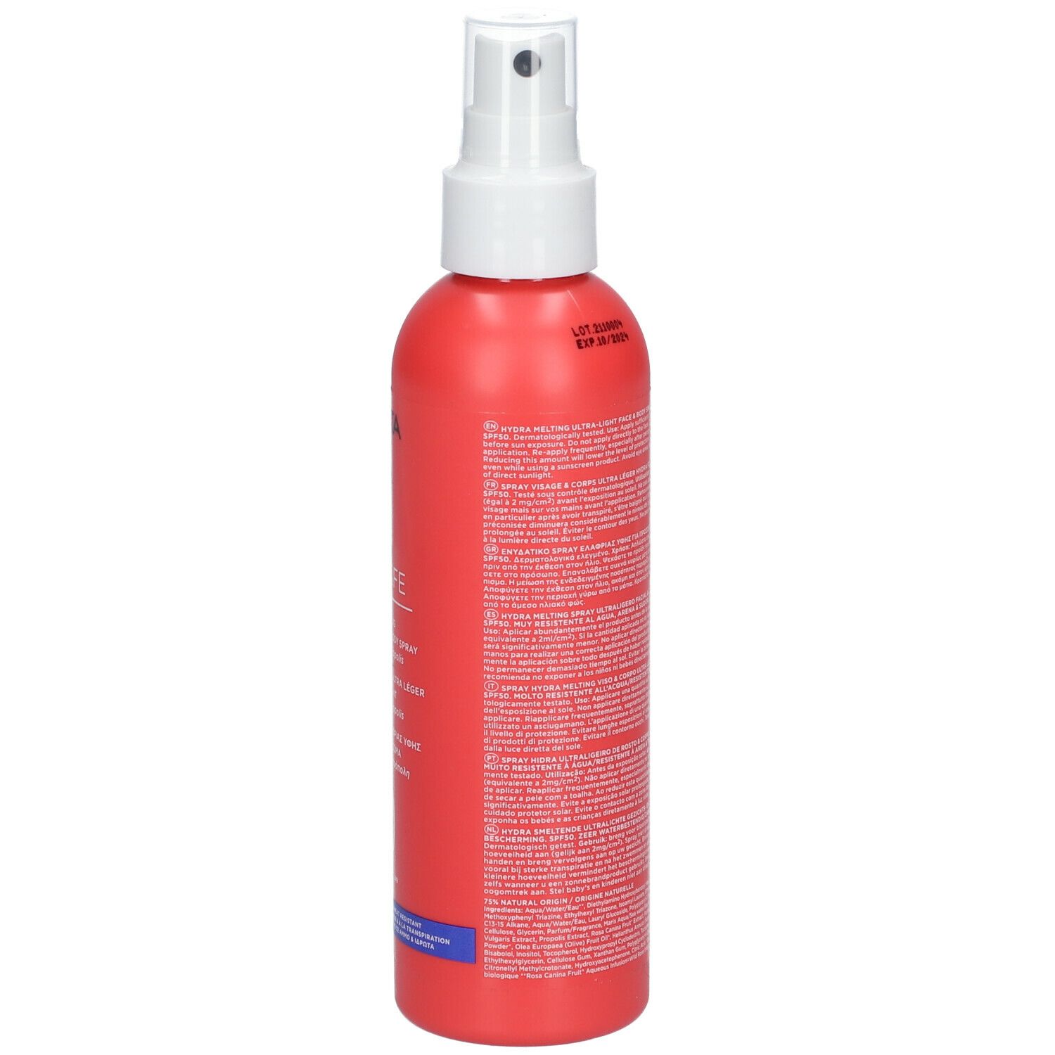 Flacone spray rosso con erogatore bianco. Scritta: APIVITA BEE SUN SAFE, SPF 50. Retro con testo.