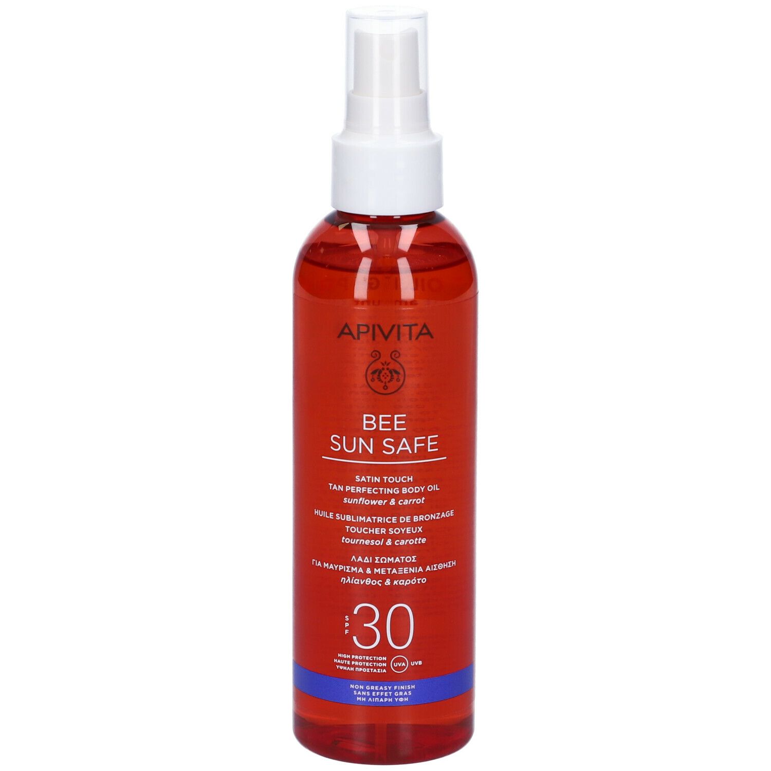 Olio APIVITA Bee Sun Safe. Liquido rosso in flacone spray. SPF 30. Erogatore bianco.