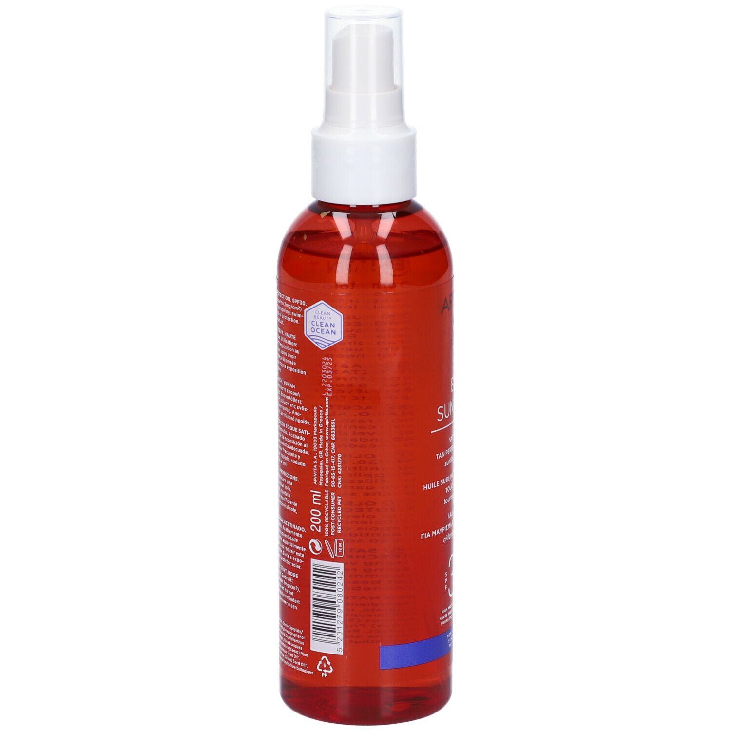 Olio APIVITA Bee Sun Safe. Retro della bottiglia. Testo. 200 ml.