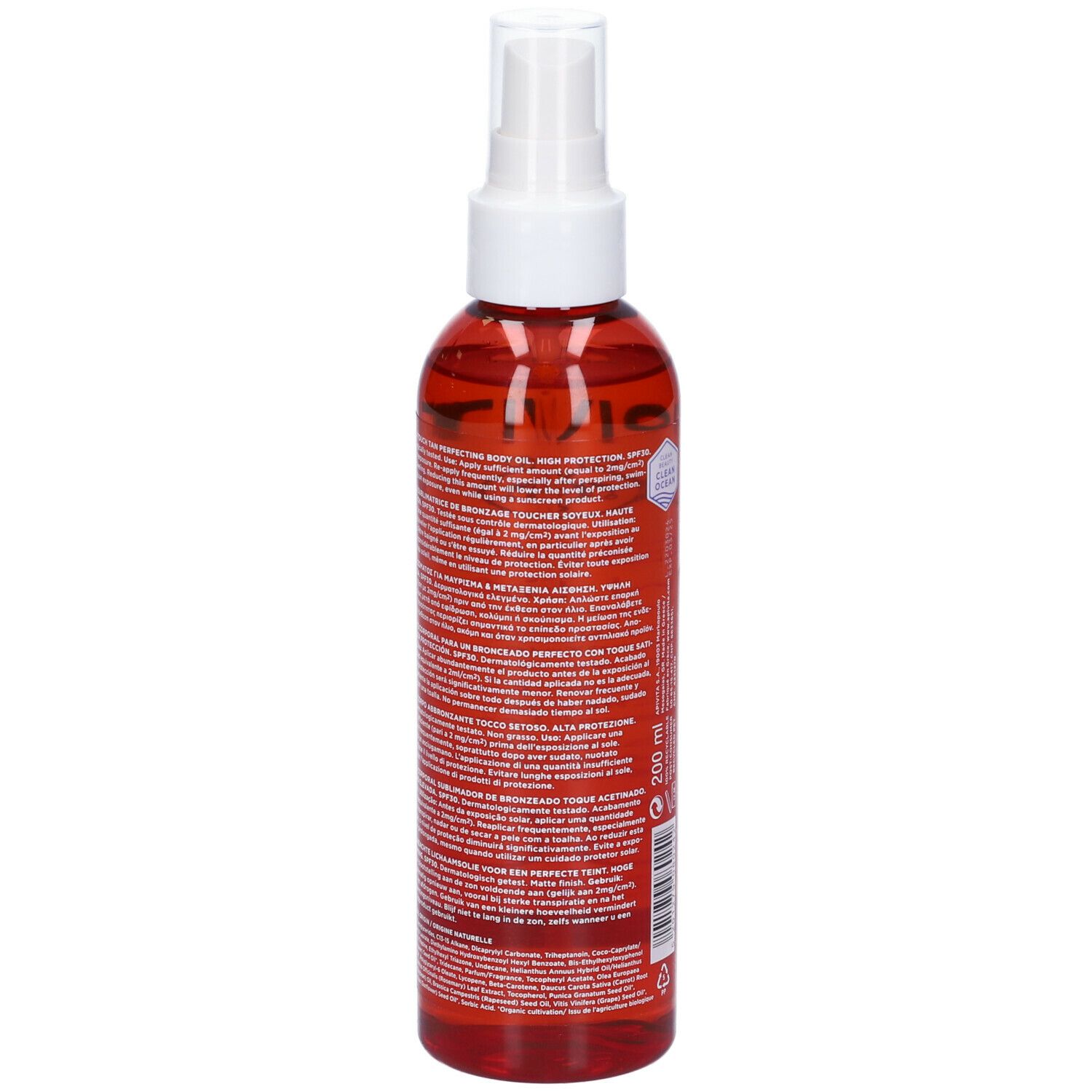 Olio APIVITA Bee Sun Safe. Retro della bottiglia. Testo. 200 ml.